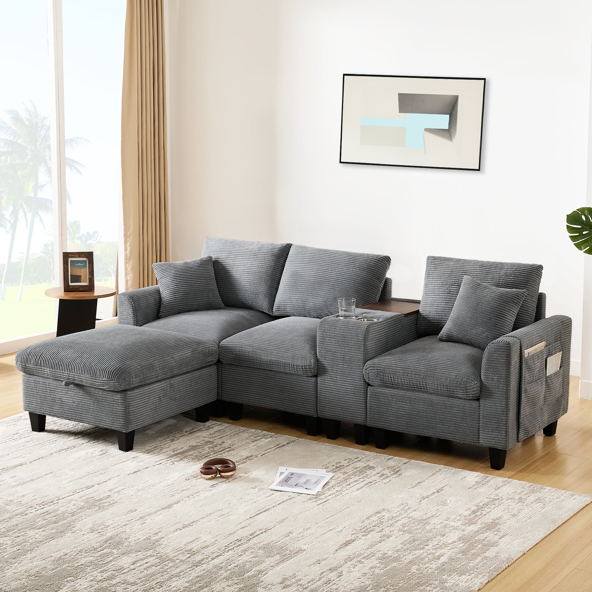 Modern L-shaped Corner Sofa Convertible Console Cup Holders USB Corduroy Fabric