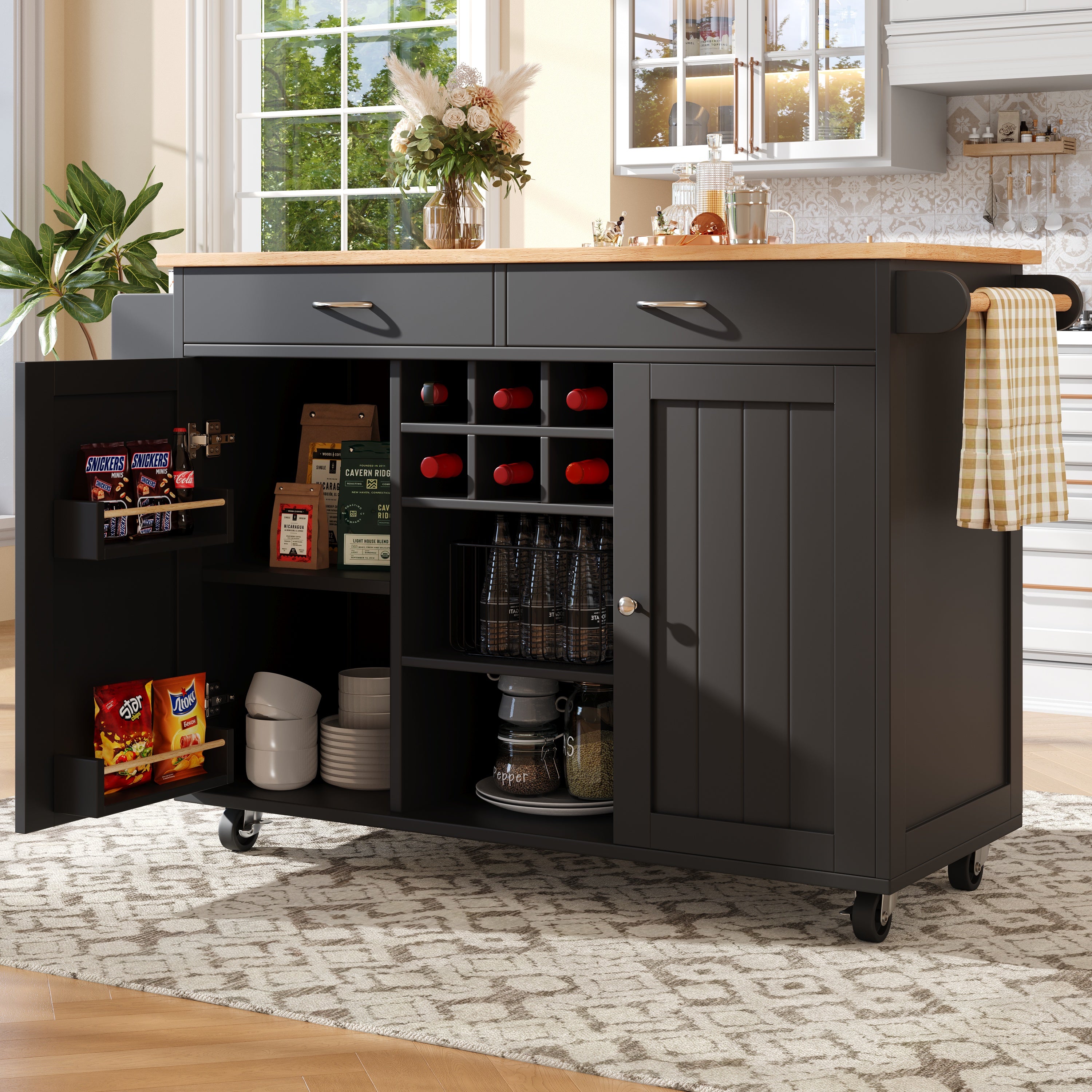Modern Kitchen Island 102cm Dining Cart Storage - Black