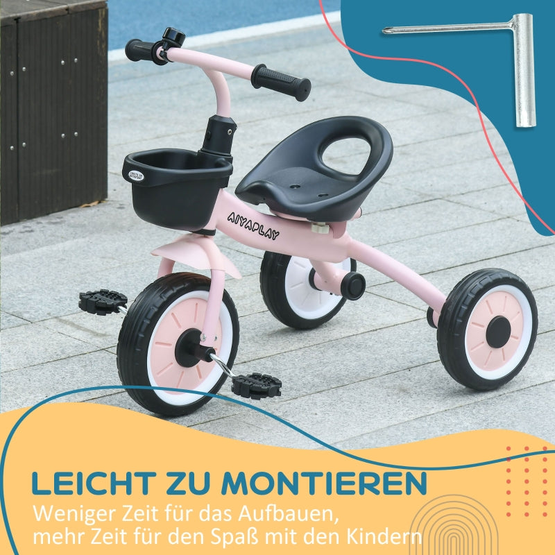 AIYAPLAY tricycle for children with height-adjustable seat, bell, bicycle basket, metal frame, pink
