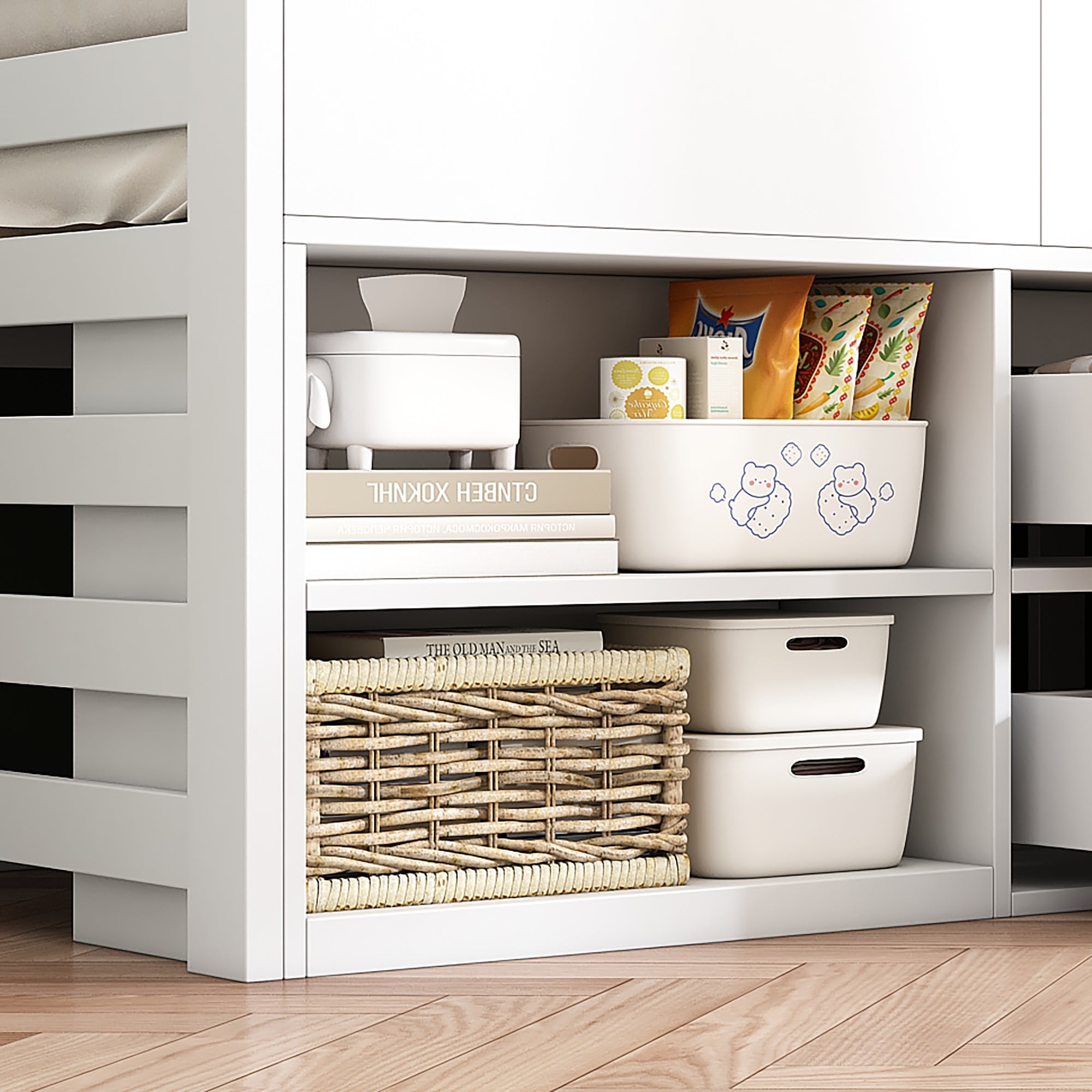 3ft Single Mid Sleeper Cabin Bed with Drawers & Shelf – White Wooden Frame