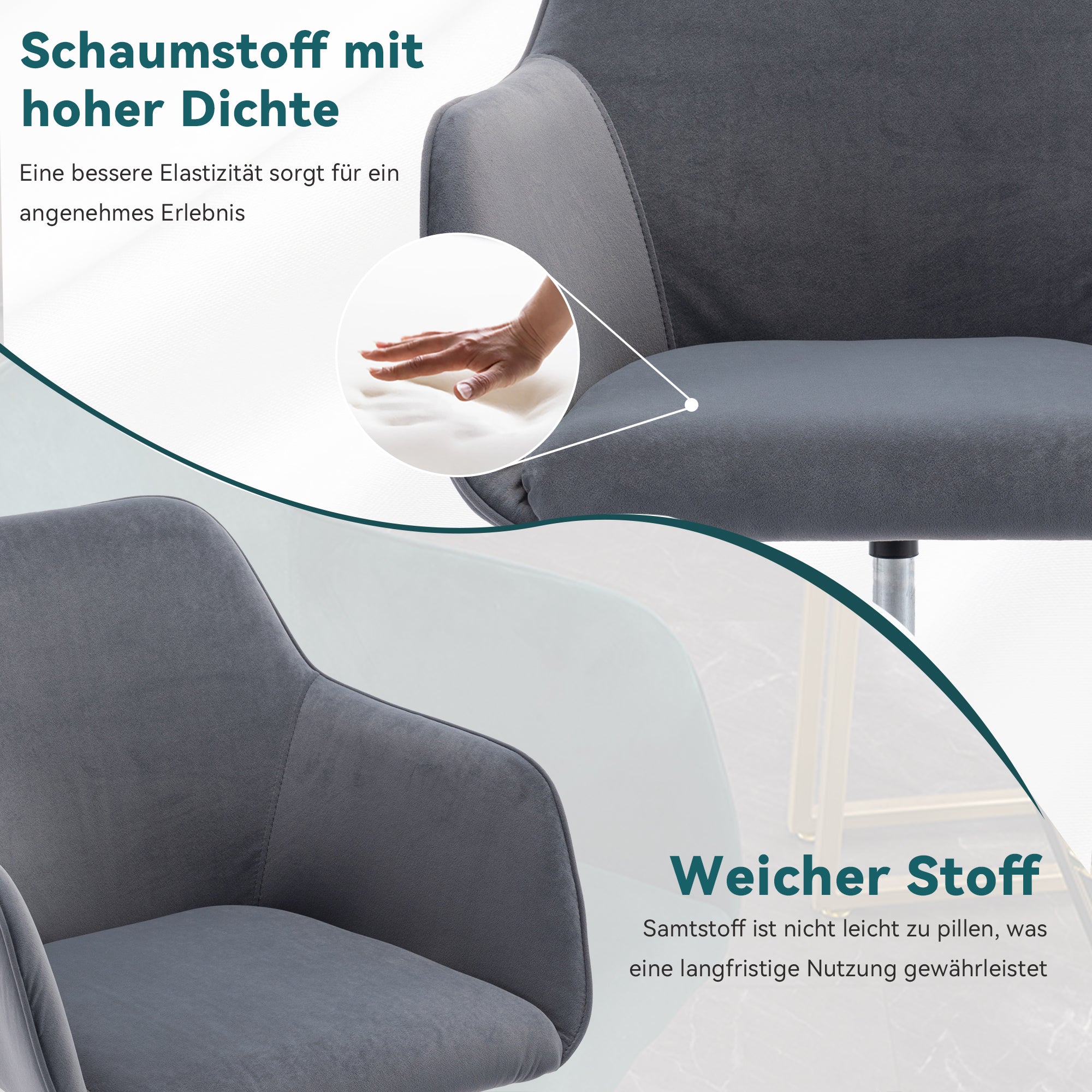 Velvet Swivel Chair, Height-Adjustable for Office Use, Grey with Golden Legs