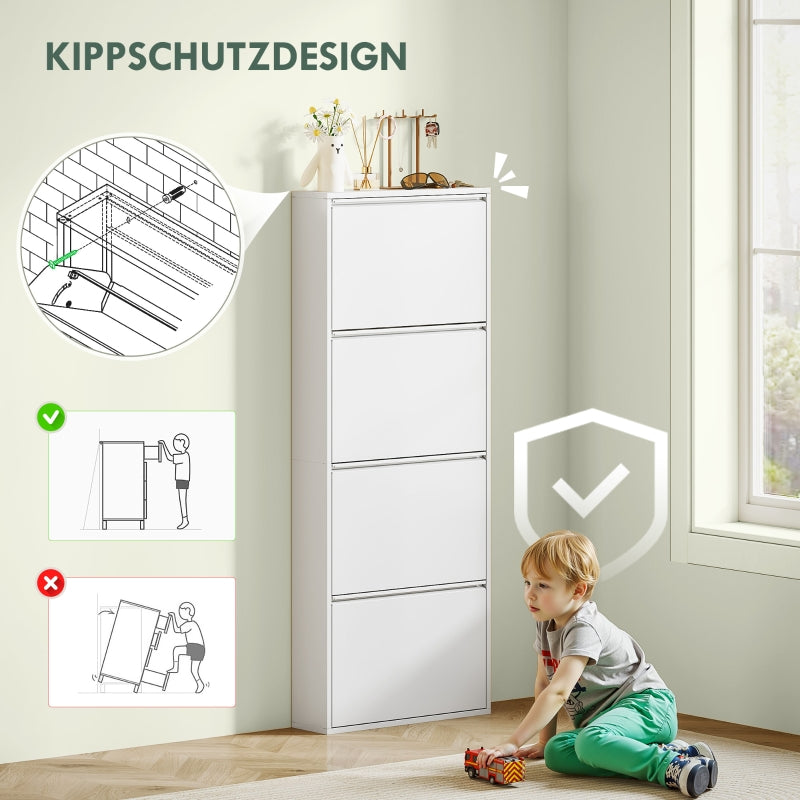 Metal Shoe Cabinet, 4 Doors Slim Shoe Rack, White