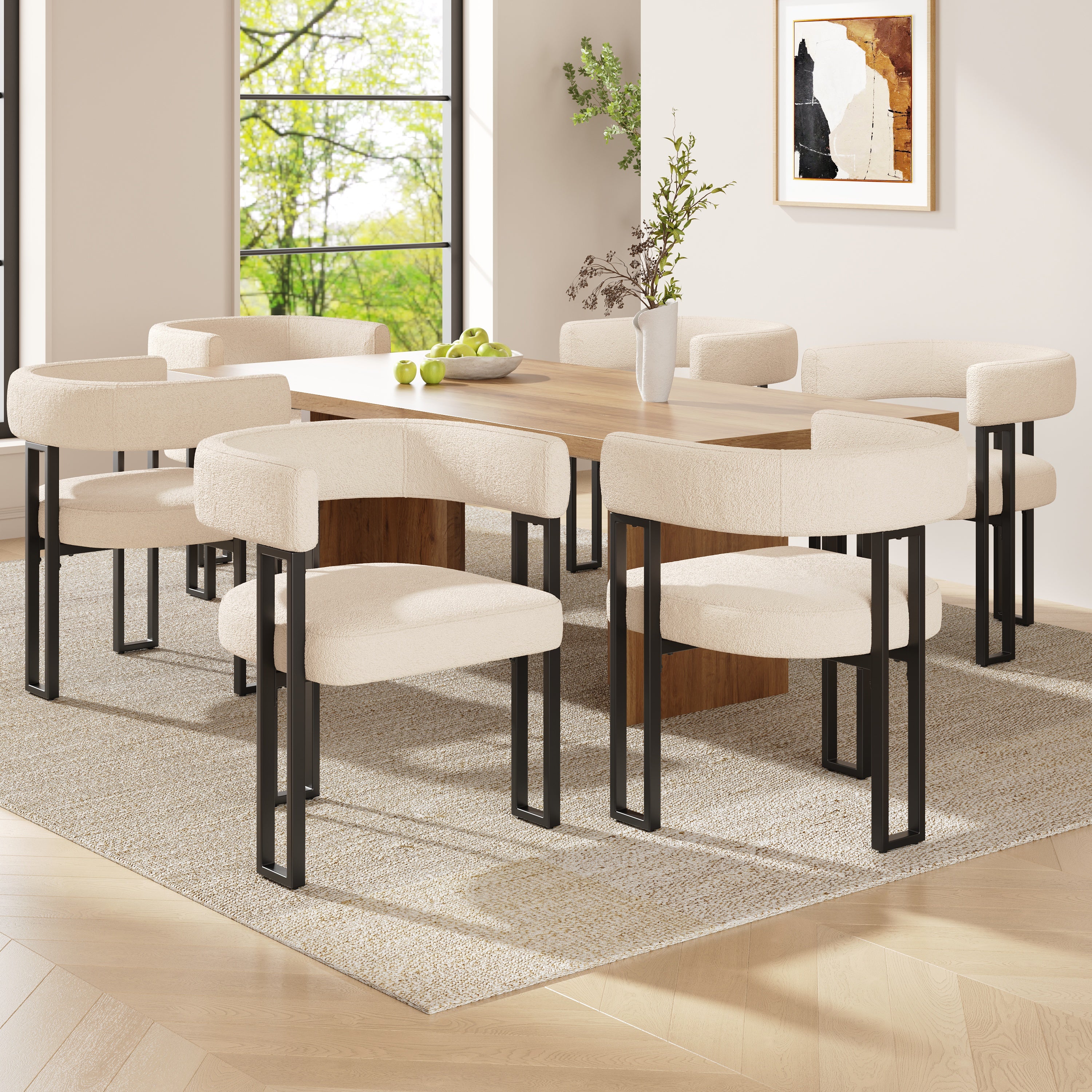 Dining Chairs (6-Piece Set) Ergonomic Curved Backrest, High-Quality Fabric, Beige