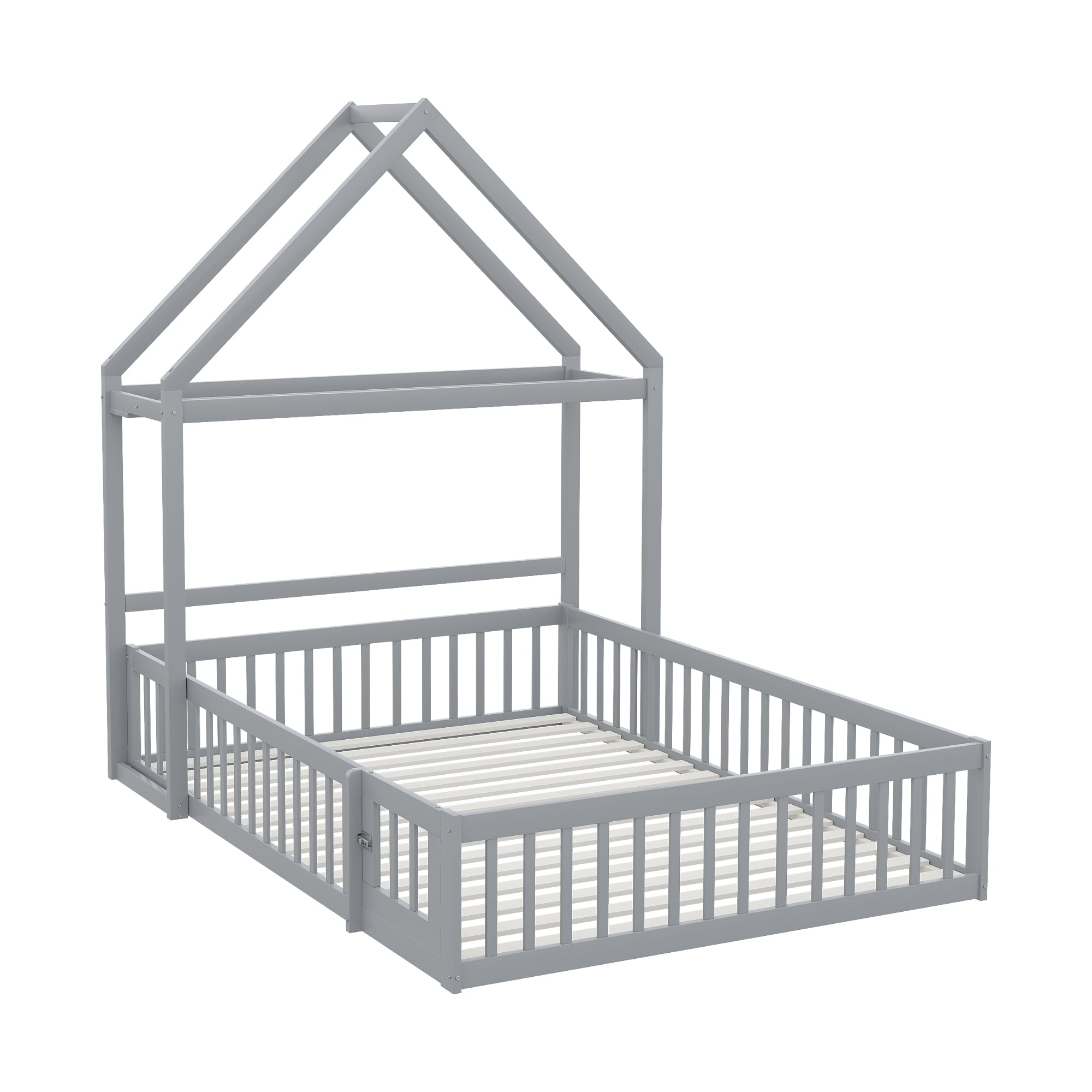 Children's Bed, 140x200 Solid Wood with Storage, Full Safety Gate & Slatted Frame, Grey