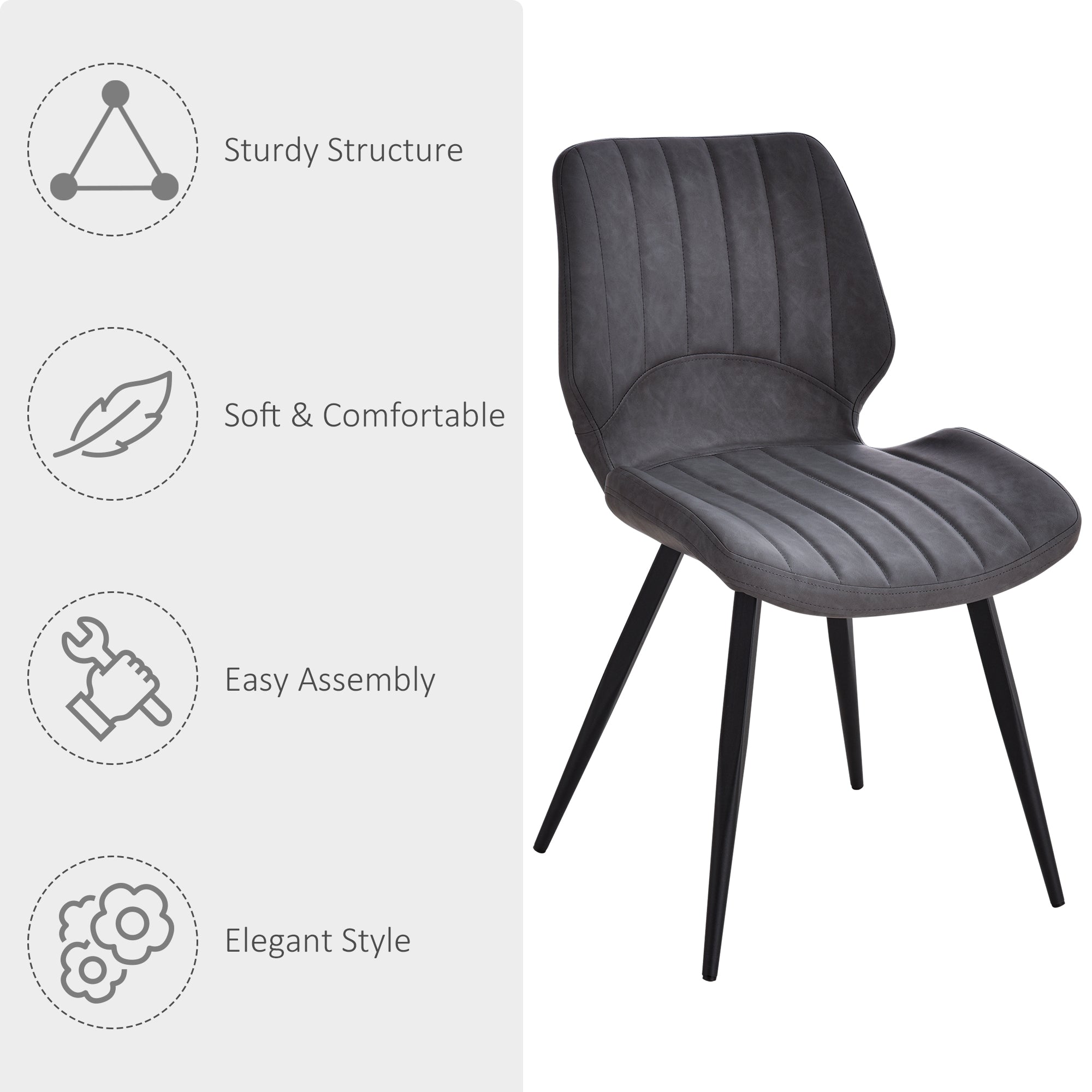 Dining Chairs Set of 2, Upholstered with Backs, Padded Seats and Steel Frame, PU Leather Grey