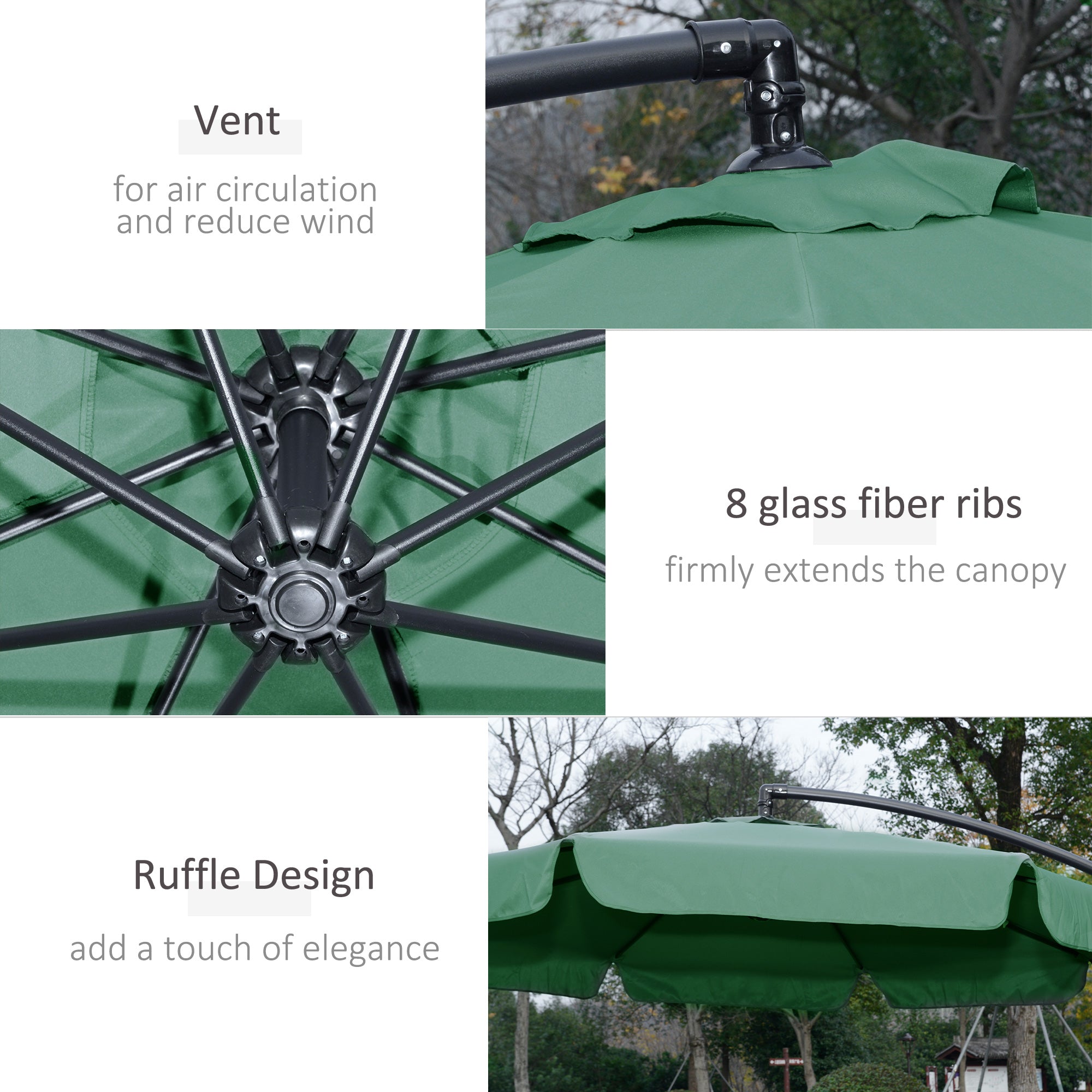 Garden Parasol Cantilever Umbrella with Crank Handle and Cross Base, Green