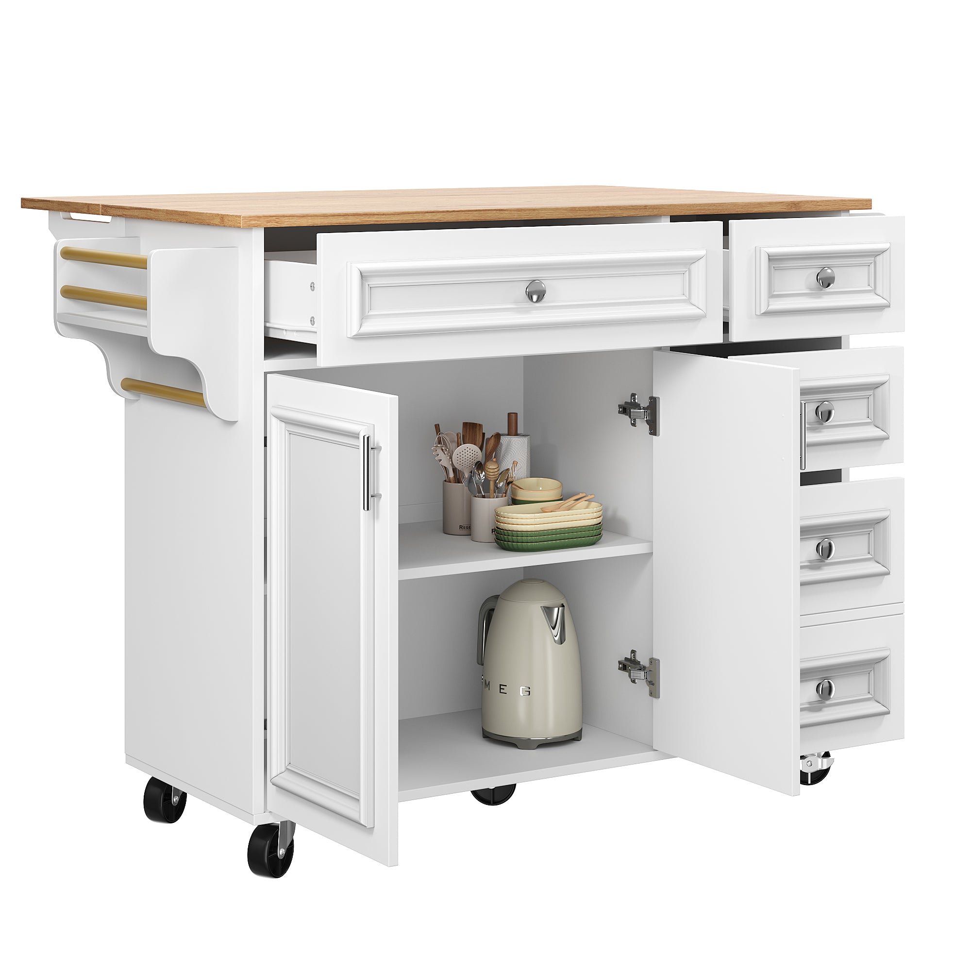 Kitchen Island Multifunctional Dining Table Removable Trolley Storage - White