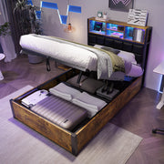 Hydraulic Metal Bed with Charging Port, LED Light, and Storage Headboard, Black + Wood