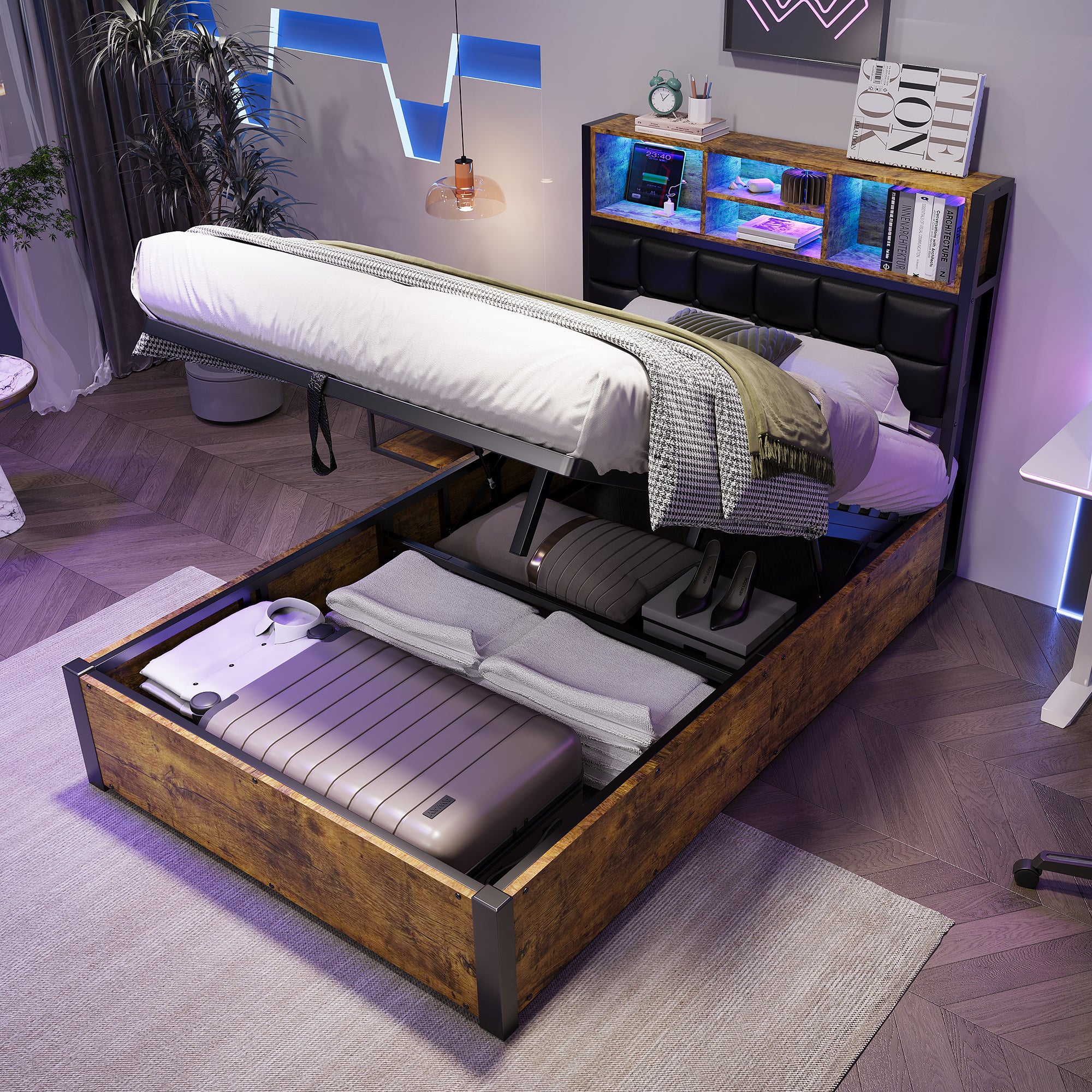 Hydraulic Metal Bed with Charging Port, LED Light, and Storage Headboard, Black + Wood