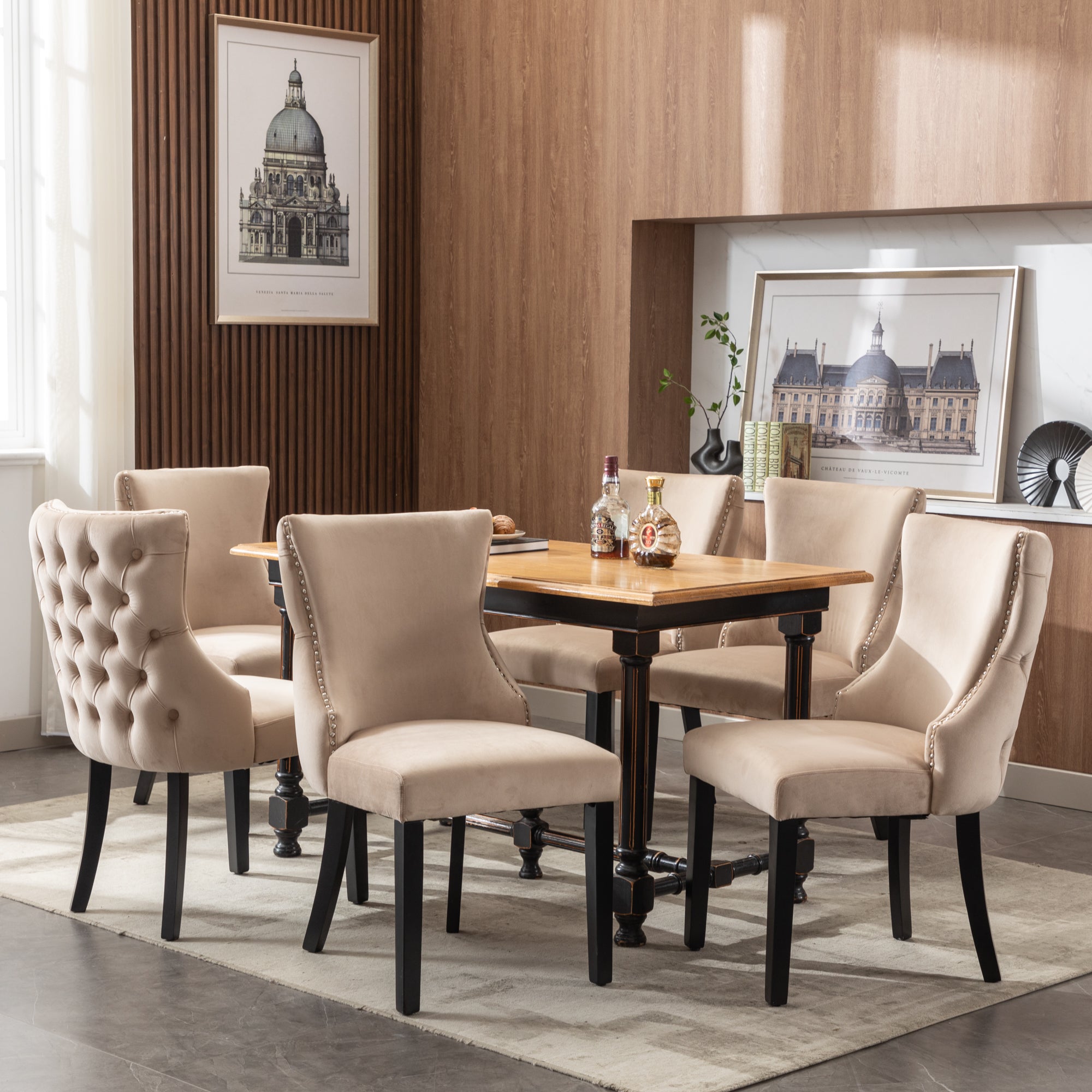 Chair (Set of 6), Dining with Button Stitching, Solid Wood Frame, Beige Velvet