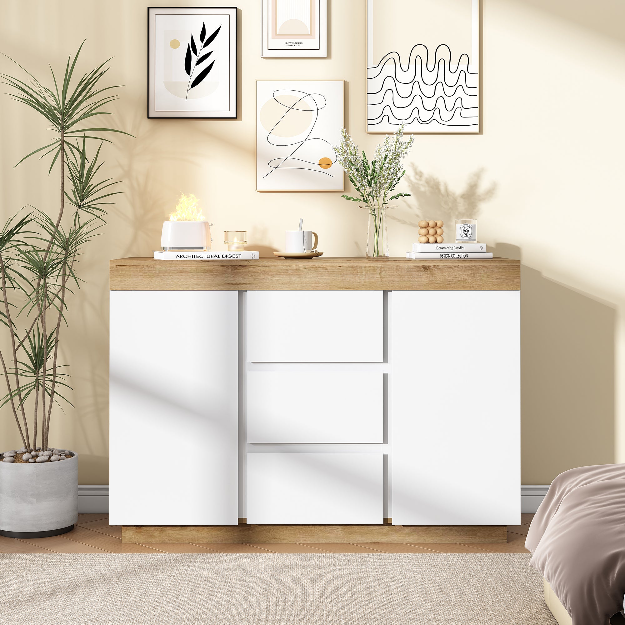 Chest of Drawers 3 Drawers 2 Doors Lockable Storage - White/Oak Chipboard
