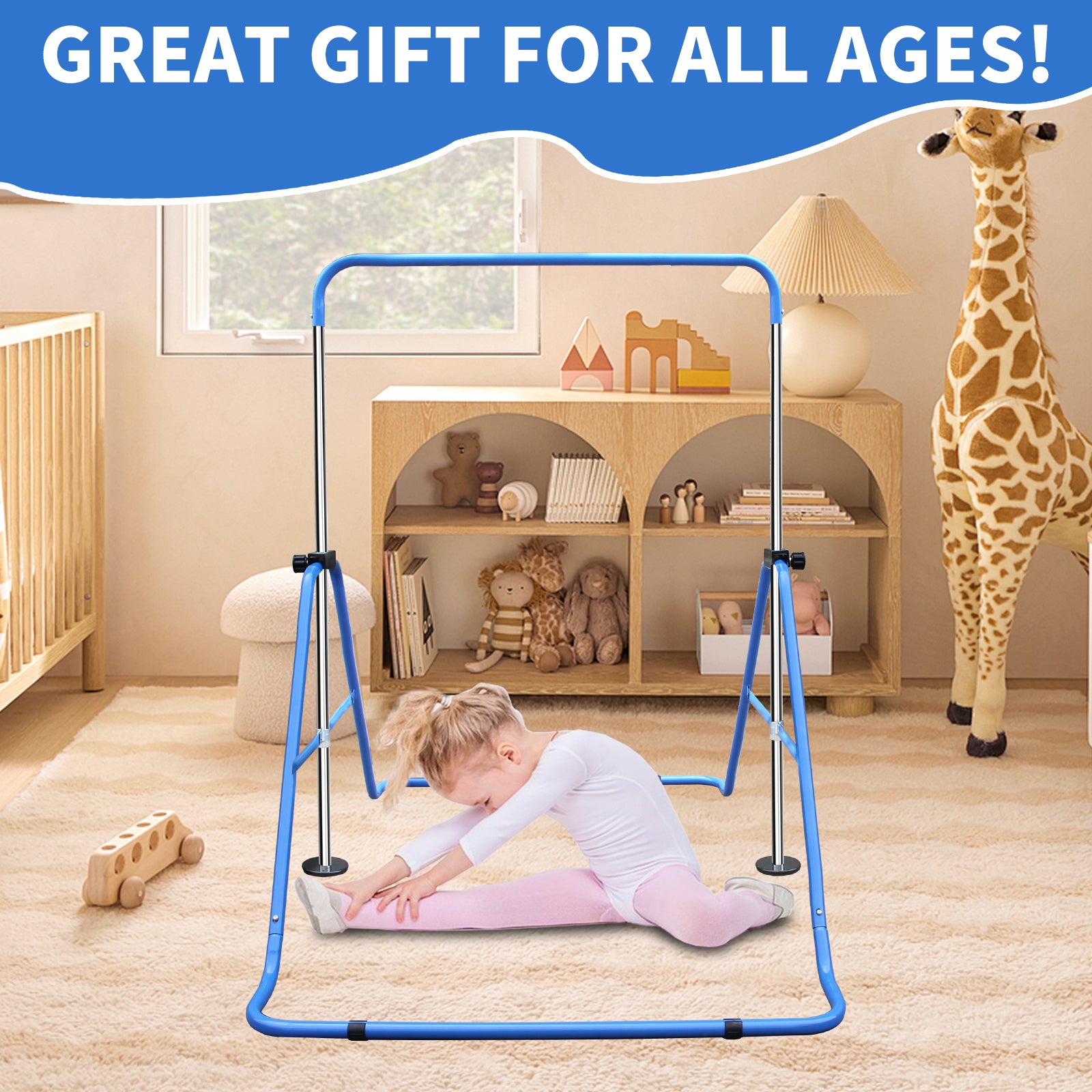 Expandable Gymnastics Bar, Height Adjustable Folding Junior Training, Blue