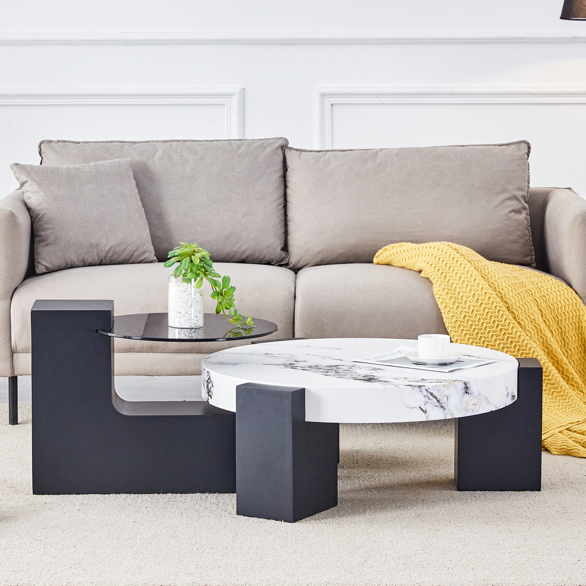 Round Side Table Two Levels Grey Glass Marble Effect Top - Black MDF