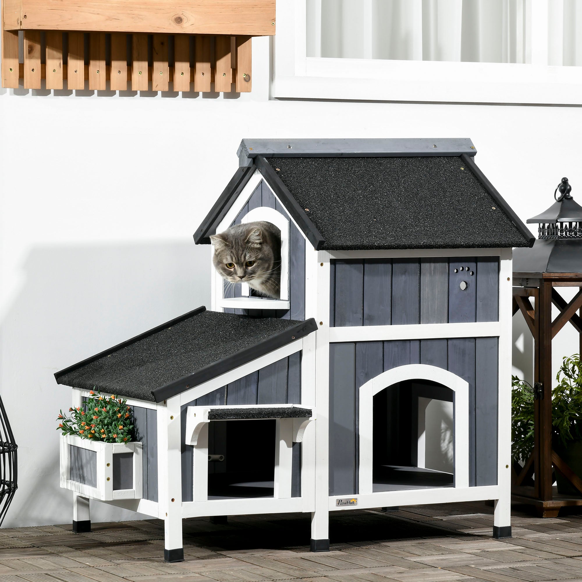Fir Wood Cat House, 2-Level Multi-Entrance Cat Hut with Asphalt Roof