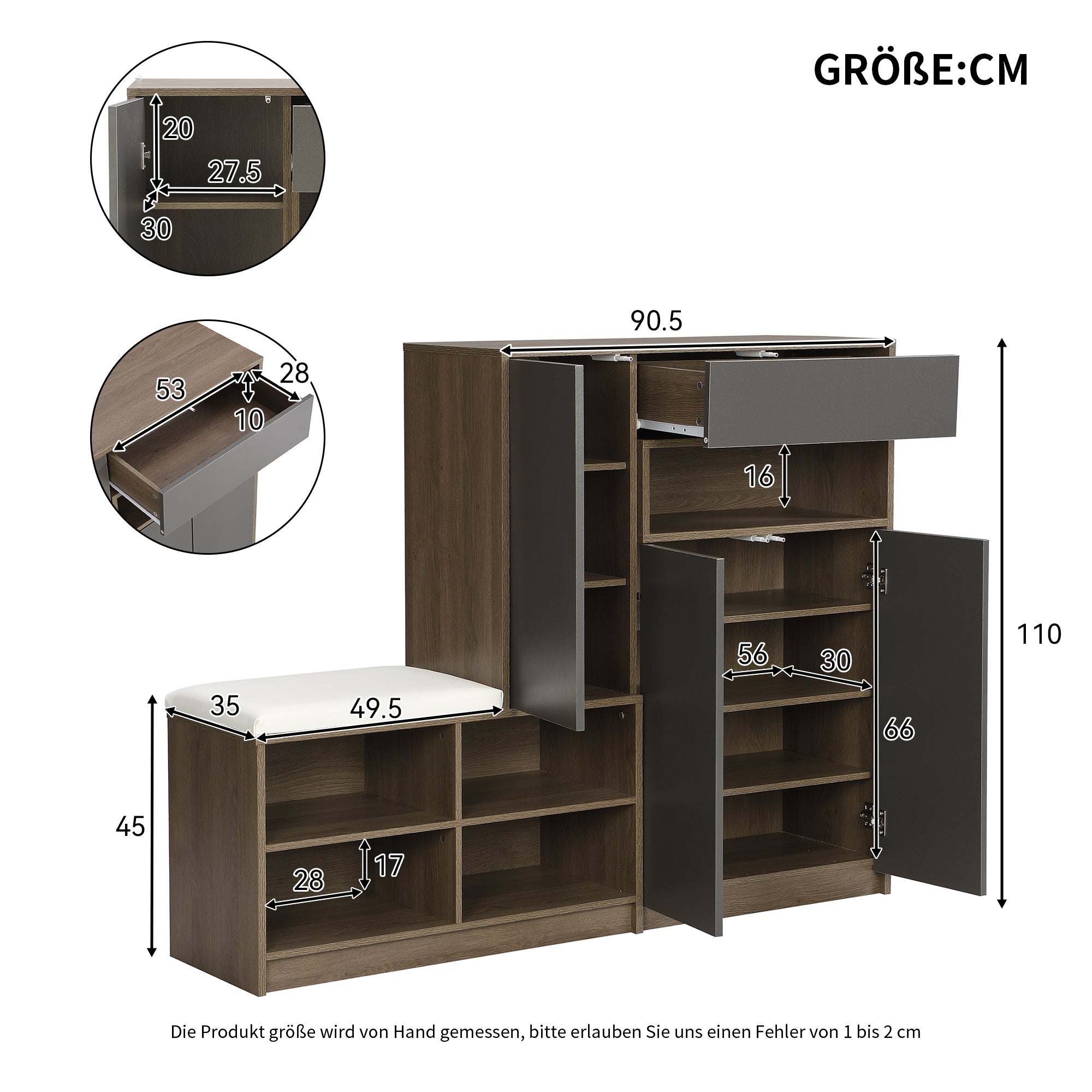 Shoe storage bench and cabinet with padded seat, adjustable shelves, gray