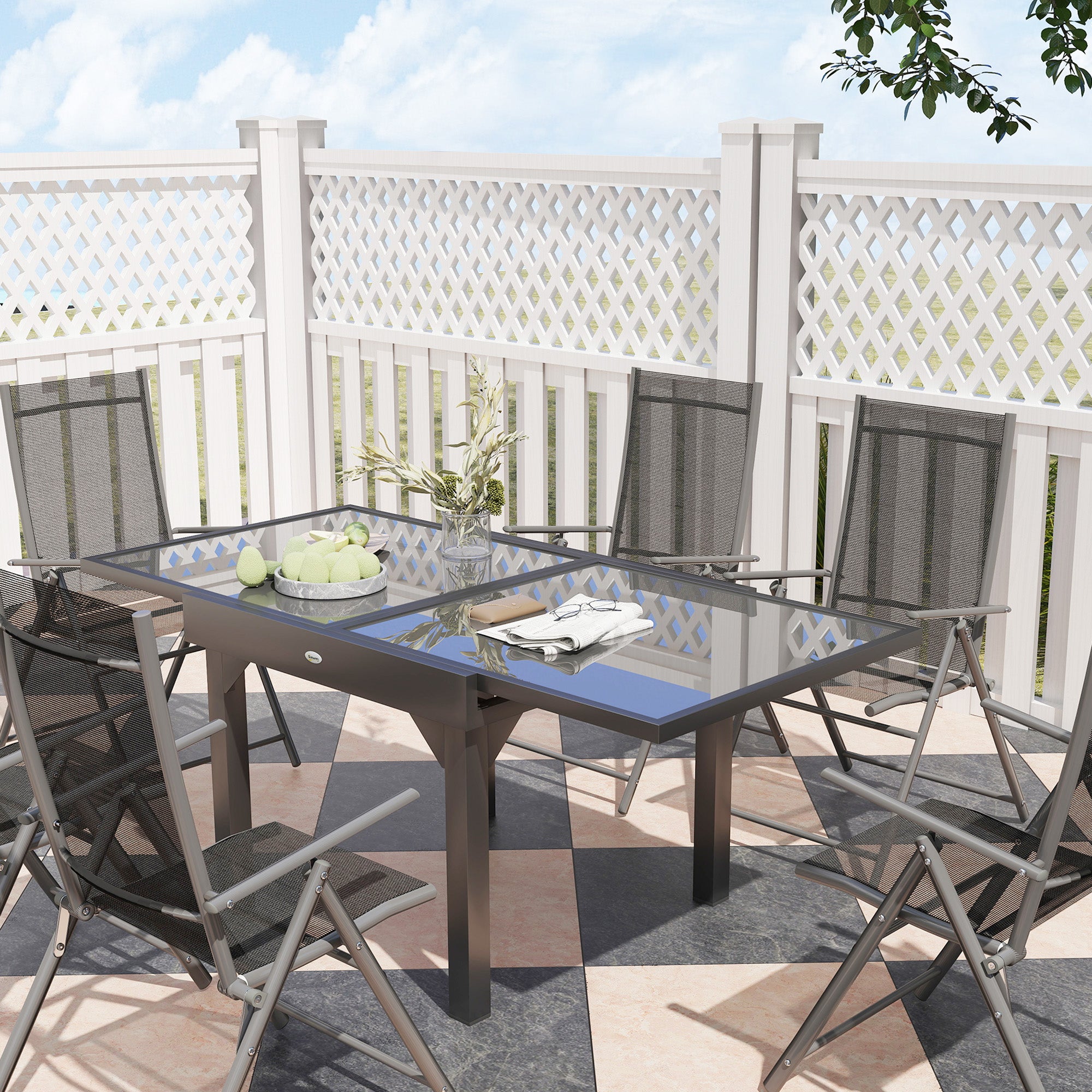 7 Piece Outdoor Dining Set with Extendable Table and 6 Folding Chairs, Grey Steel