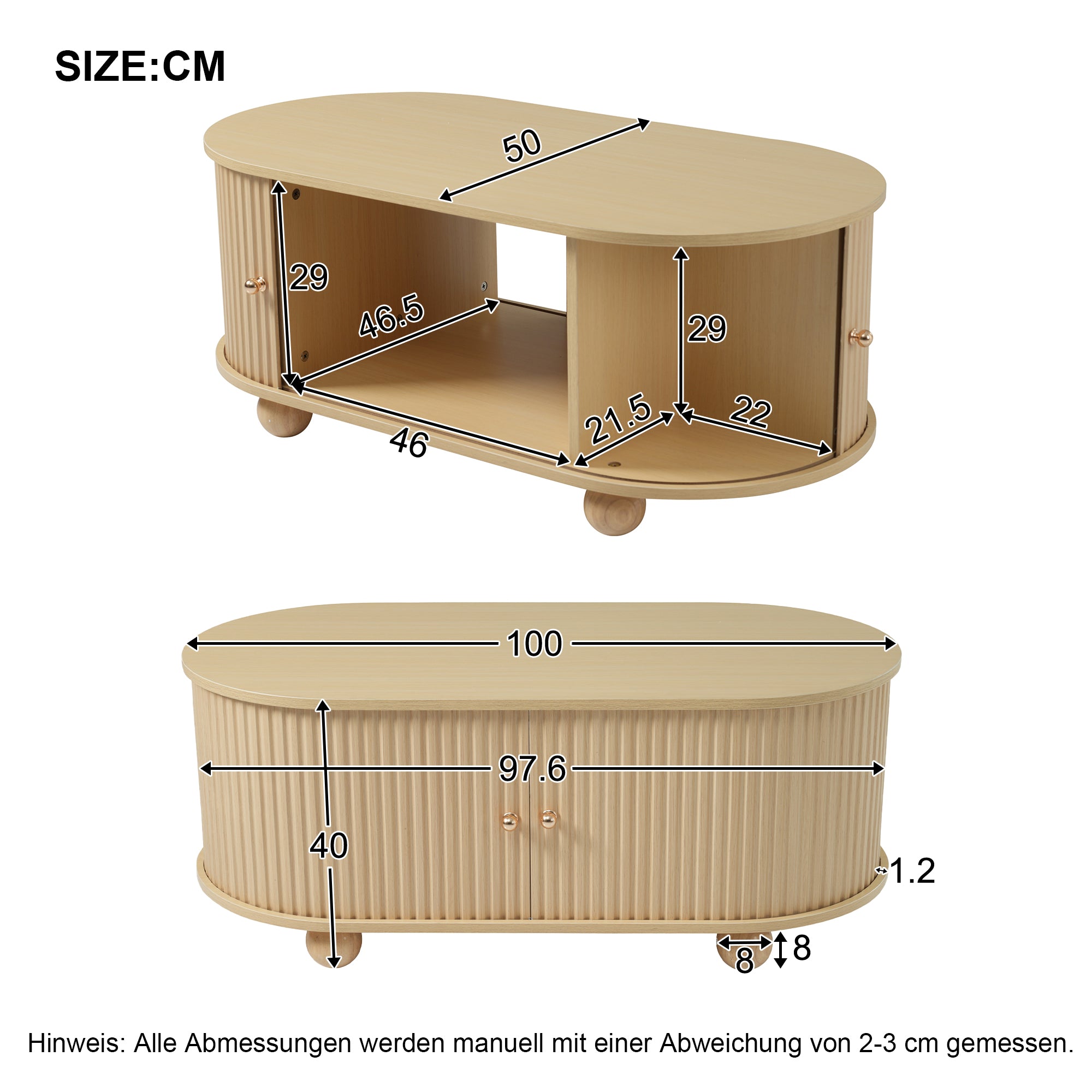 Oval Coffee Table with Storage and Sliding Doors, Multifunctional, Wood Colors