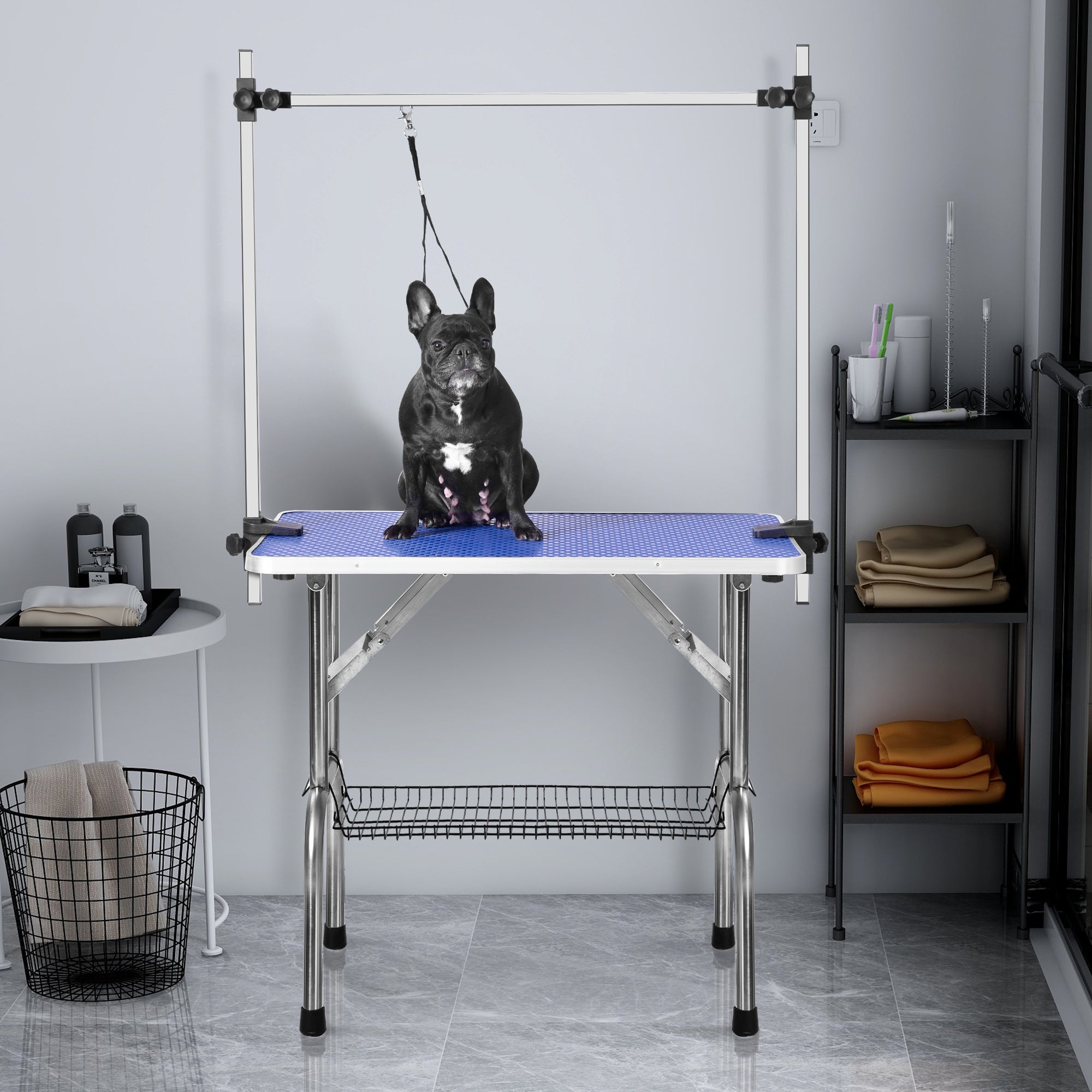 Professional Foldable Dog Grooming Table, Adjustable Arm Heavy-Duty, BLUE Rubber Mat