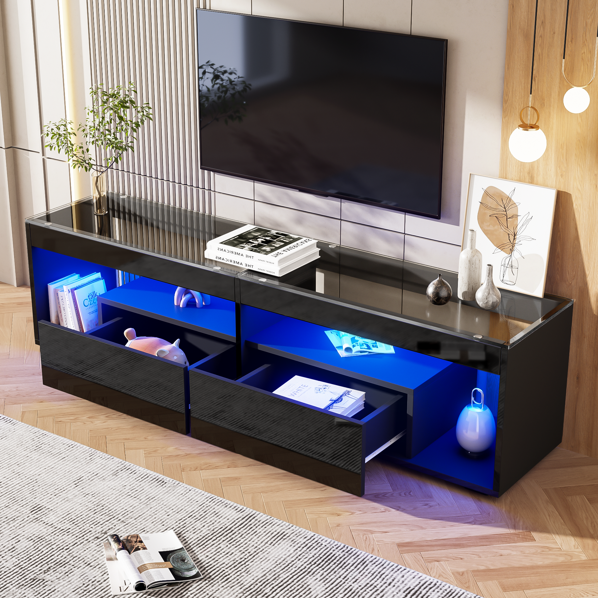 TV Cabinet, LED High-Gloss 70-inch with 2 Drawers, Black