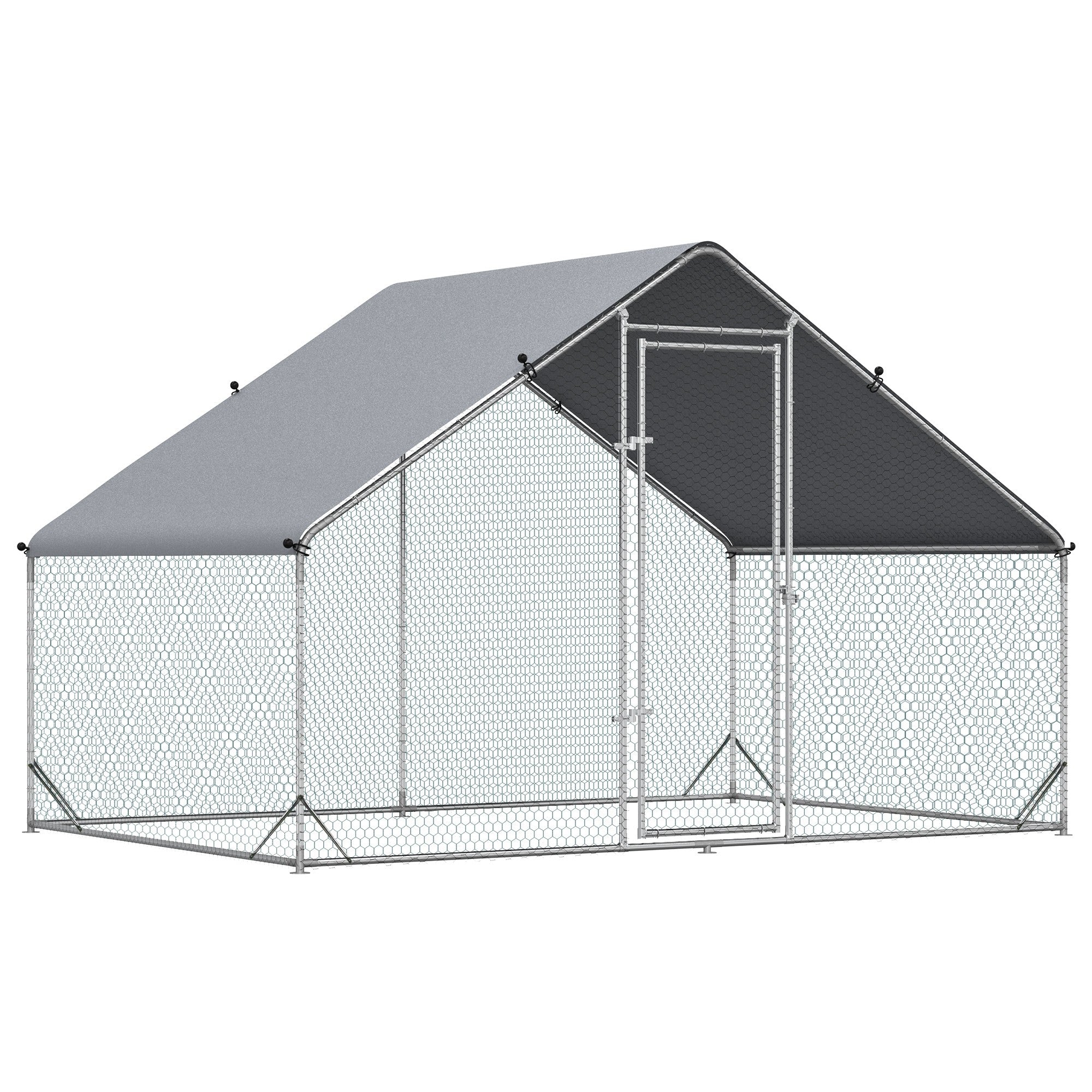 Chicken Coop Free-Range Enclosure, 300 x 200 x 200 cm, 4-6 Chickens, Steel, Silver