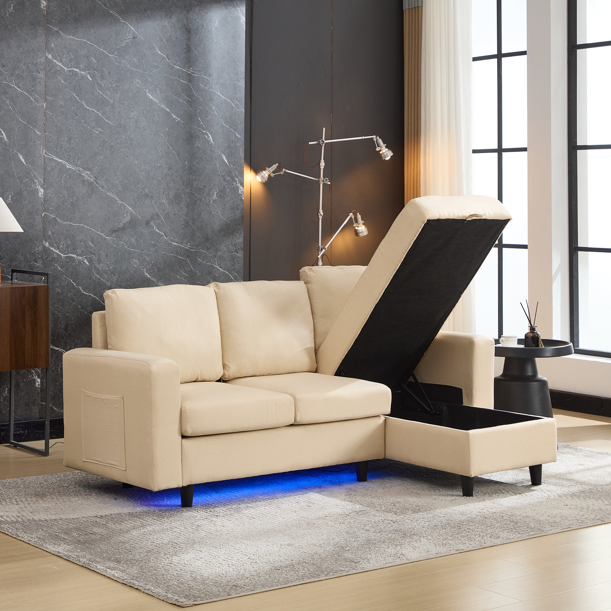 L-Shaped Sofa Bed, 3 Seater Sleeper with Storage, USB, and LED, Beige