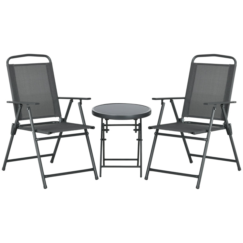 3-Piece Metal Bistro Set Folding Glass Table & Chairs - Dark Grey