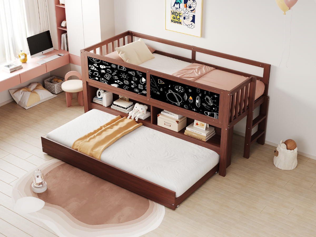 Children's House Bunk Bed Extendable, Chalkboard & Climbing Ladder, Solid Wood, Brown