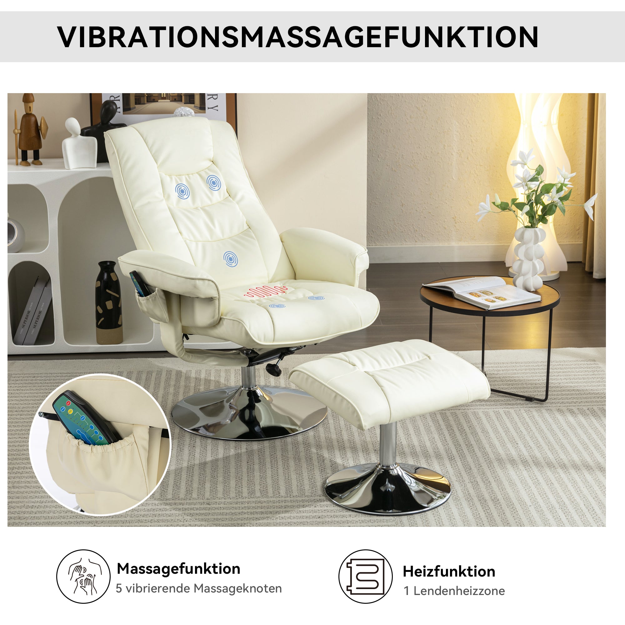 Massage Chair with 5-Point Massager & Ottoman, PU Upholstery, Beige