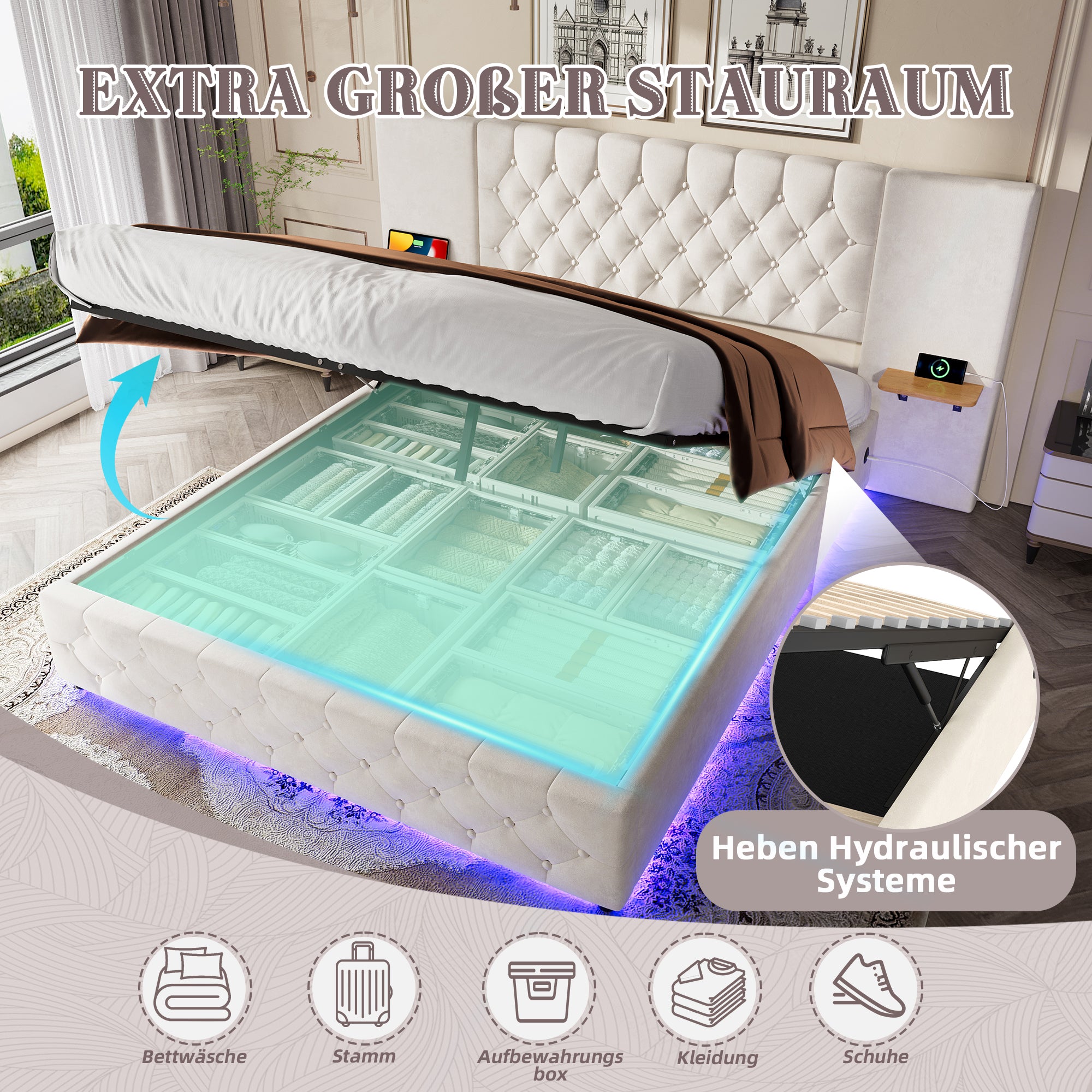 Bed Frame, 160x200cm LED & USB, Hydraulic Lift Storage