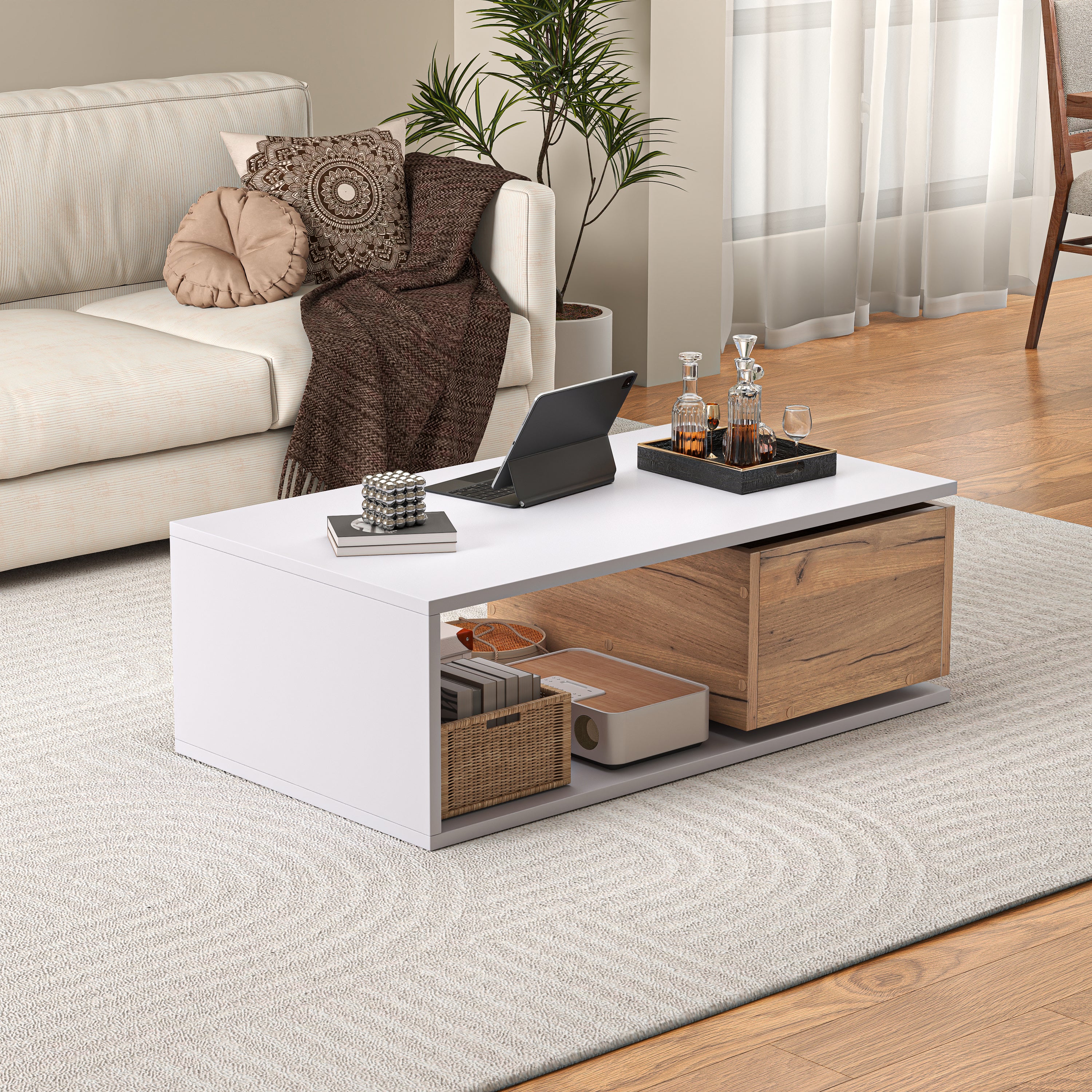 Coffee Table High-Gloss 360° Rotating Drawer Storage 90x50x30cm - White/Wood