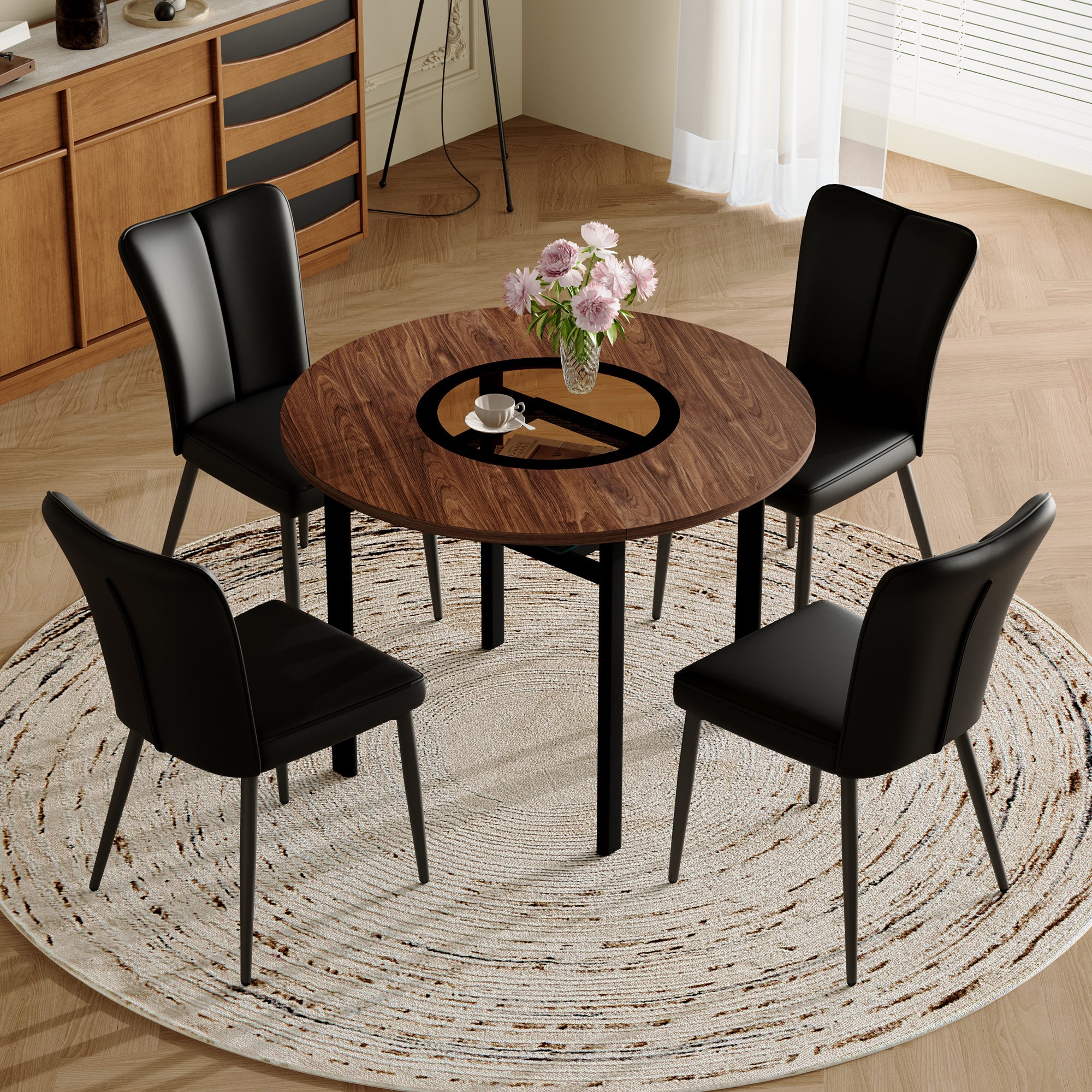 Dining Table Set, Round 100cm Wood Look with 4 Chairs, Black PU
