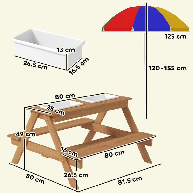 Kids Picnic Table, Sand/Water Table with Benches, Parasol & Storage Bins, Multicolor Wood