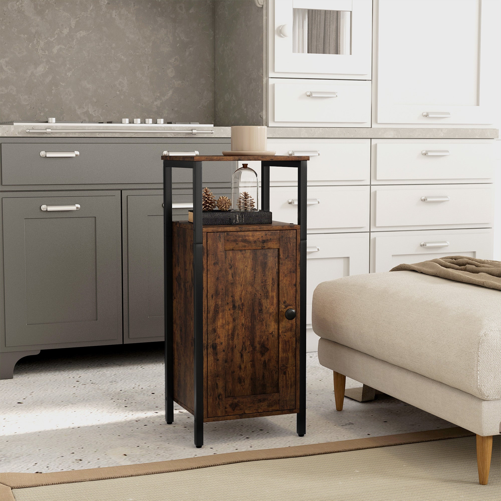 Side table, coffee table with adjustable shelf, industrial design, rustic brown