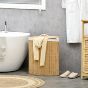 Bamboo Laundry Basket, Corner 55L with Lid, Natural Wood and White
