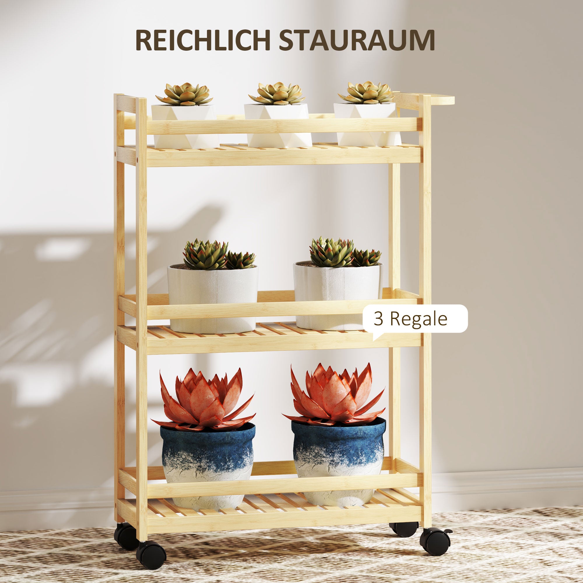 3-Tier Serving Cart, Wheels & Handle, Natural Wood