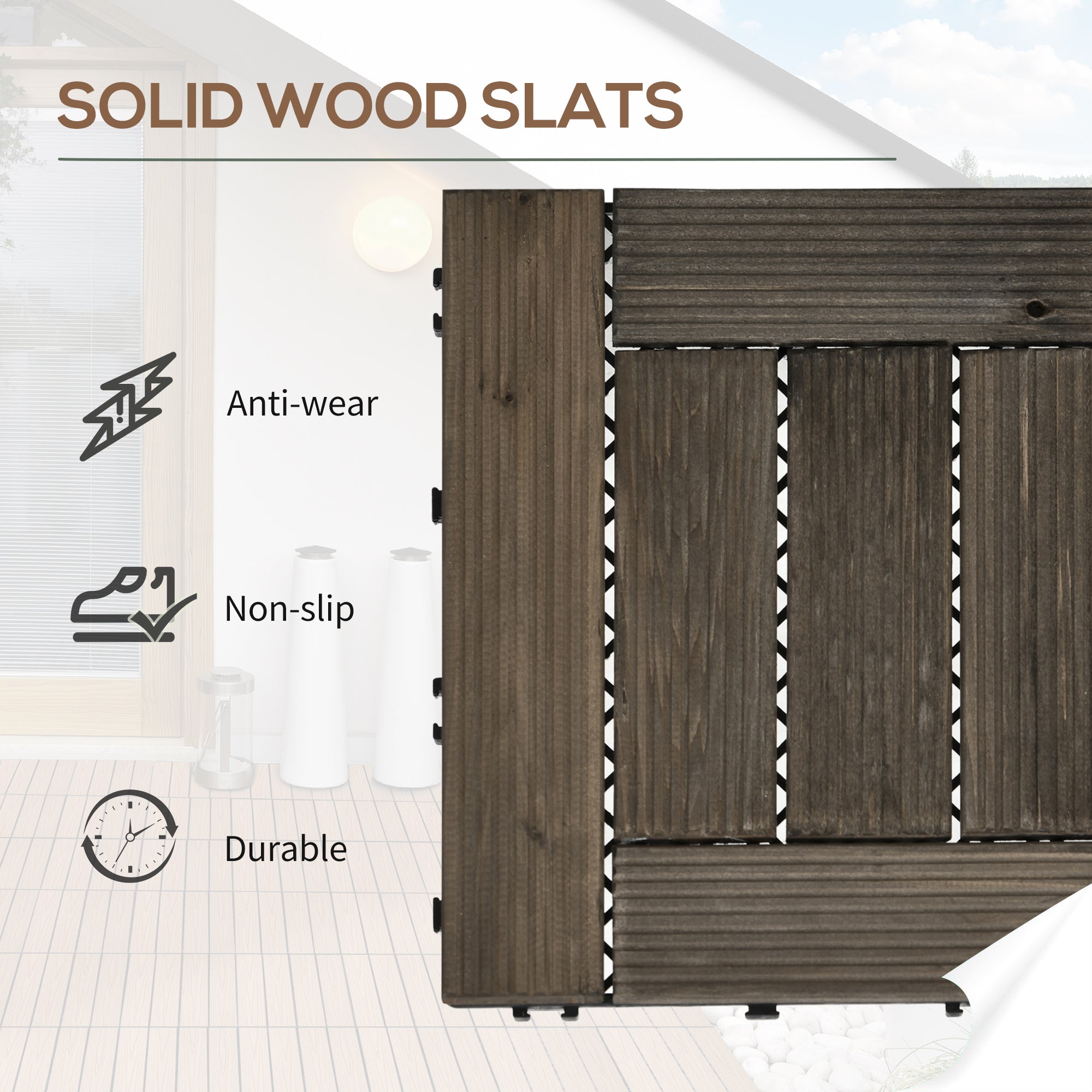 Wooden Interlocking Decking Tiles 30 x 30 cm Outdoor Flooring 27 Pcs 2.5㎡ Charcoal Grey