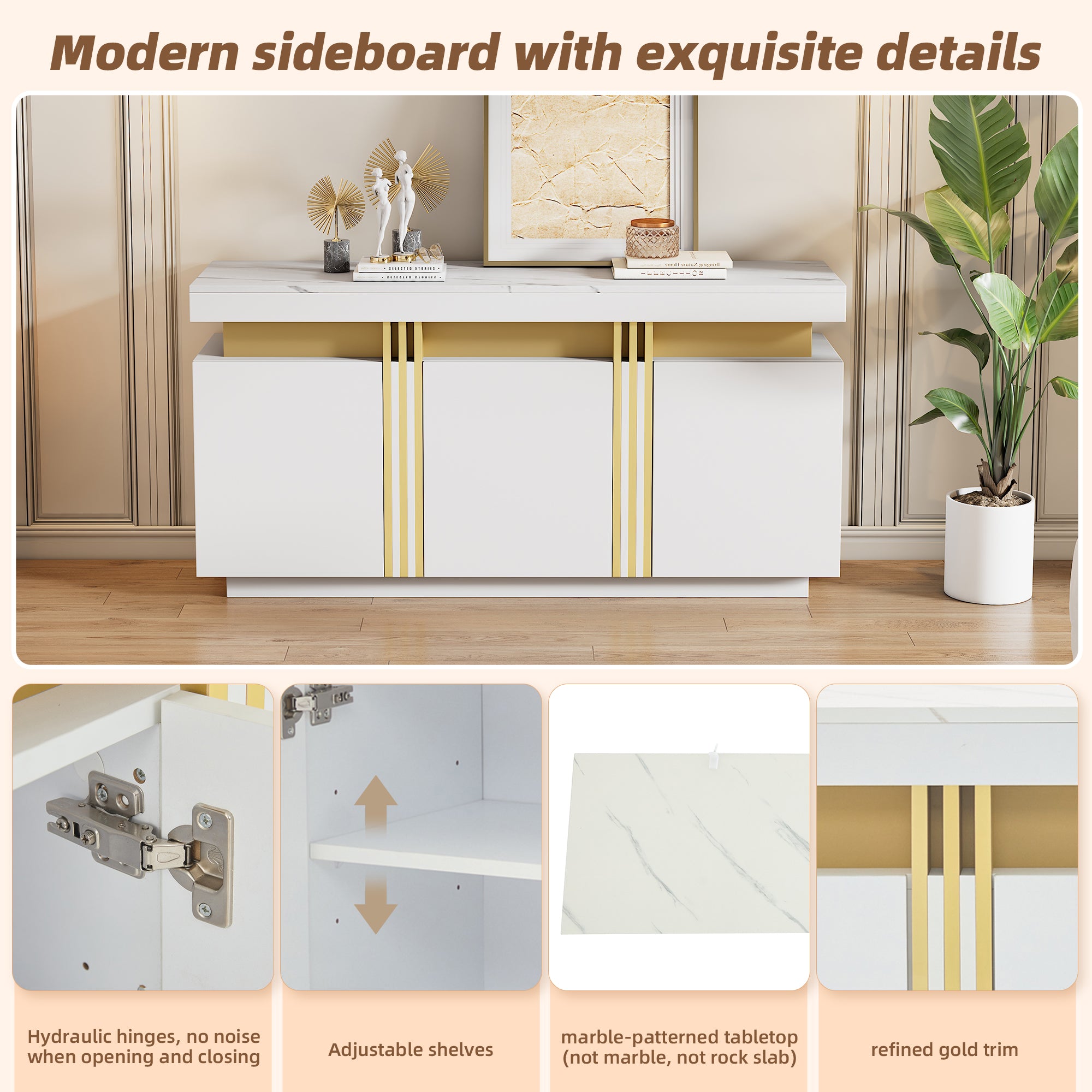 Sideboard Display, 3-Door Dining Room Cabinet with Adjustable Dividers, Modern White