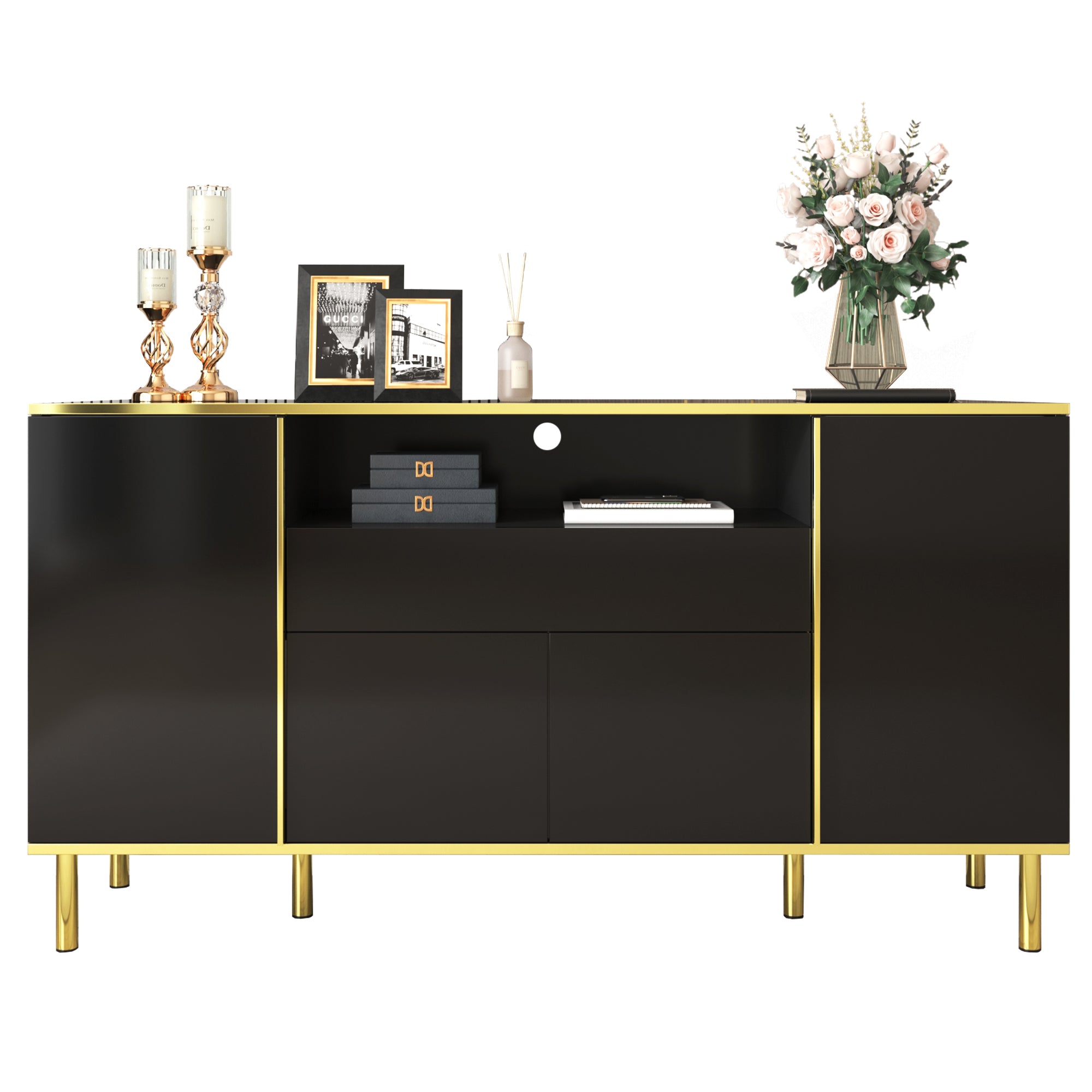 Sideboard, High-Gloss with 1 Drawer, Black