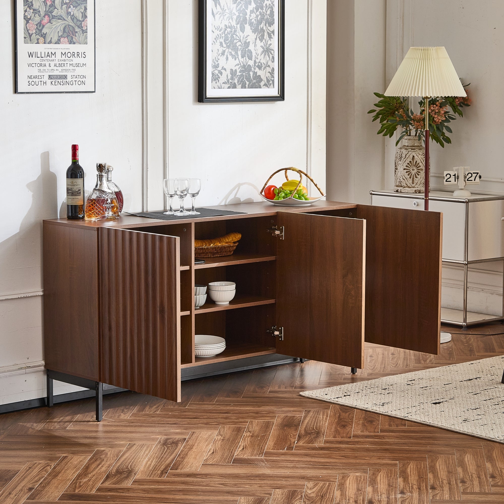 Sideboard Mid-Century Modern 3-Door 150cm with Wavy 3D Design Dark Grained Oak