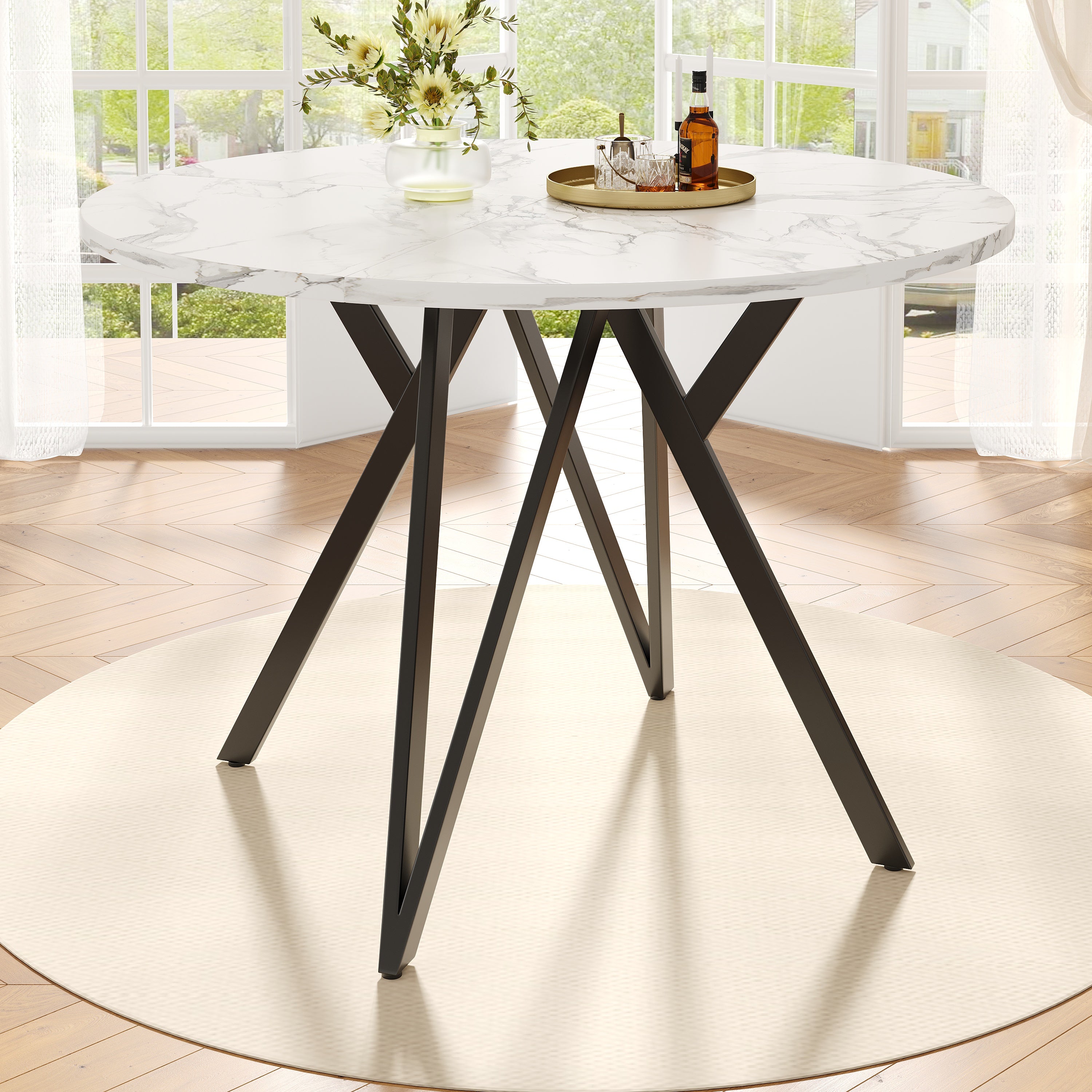 Round Dining Table 100x100cm 4-Seater Metal Legs MDF Marble Top - Black