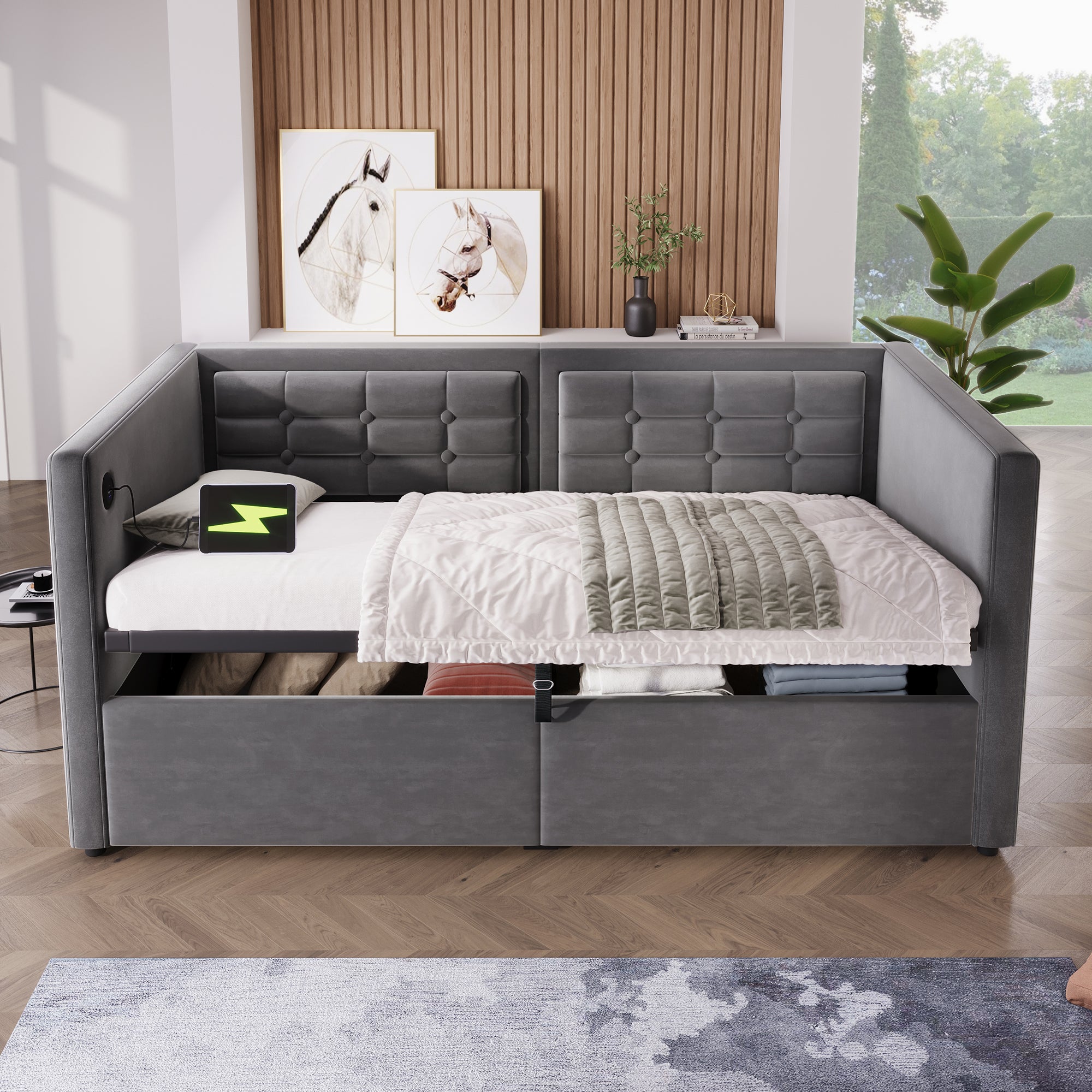 Upholstered Sofa Bed, 90x190 cm Single with USB & Type-C Charging, Gray Velvet