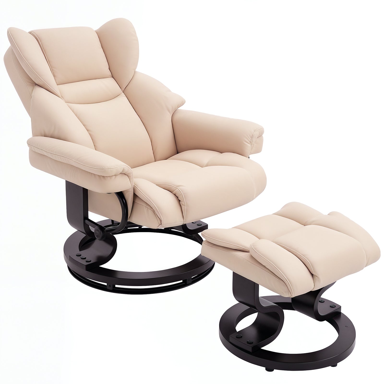 360° Swivel Recliner Chair with Footstool, PU Leather Manual Reclining Armchair, Cream