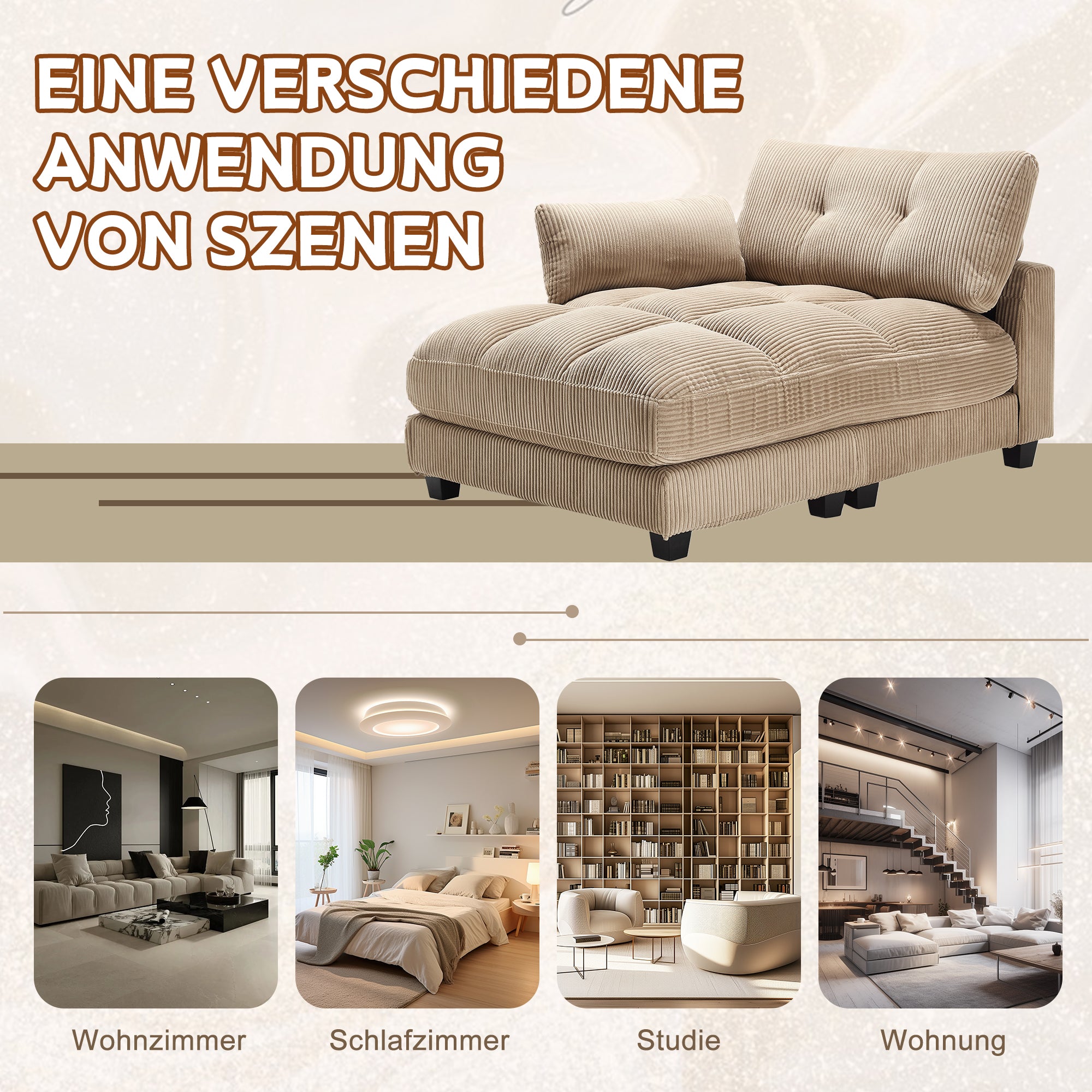 Palm Chair, Fluffy Striped, Rolling Cushions, Head Flaps, Side Pocket, Khaki