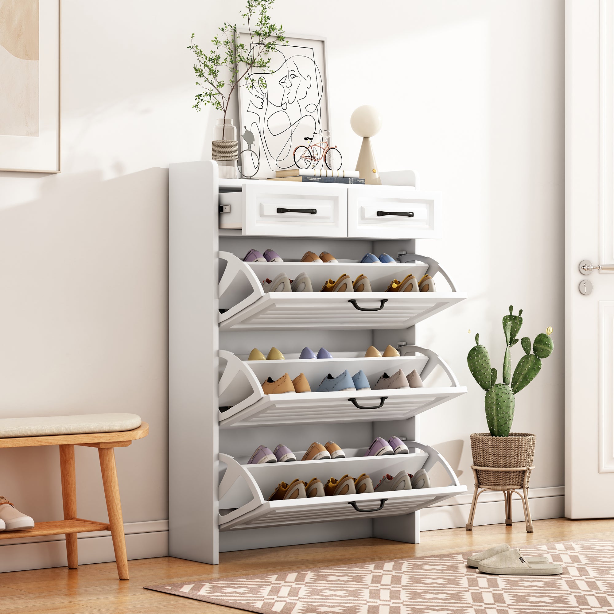 Shoe Cabinet 3 Doors 2 Drawers, W80/H131 cm, Wooden