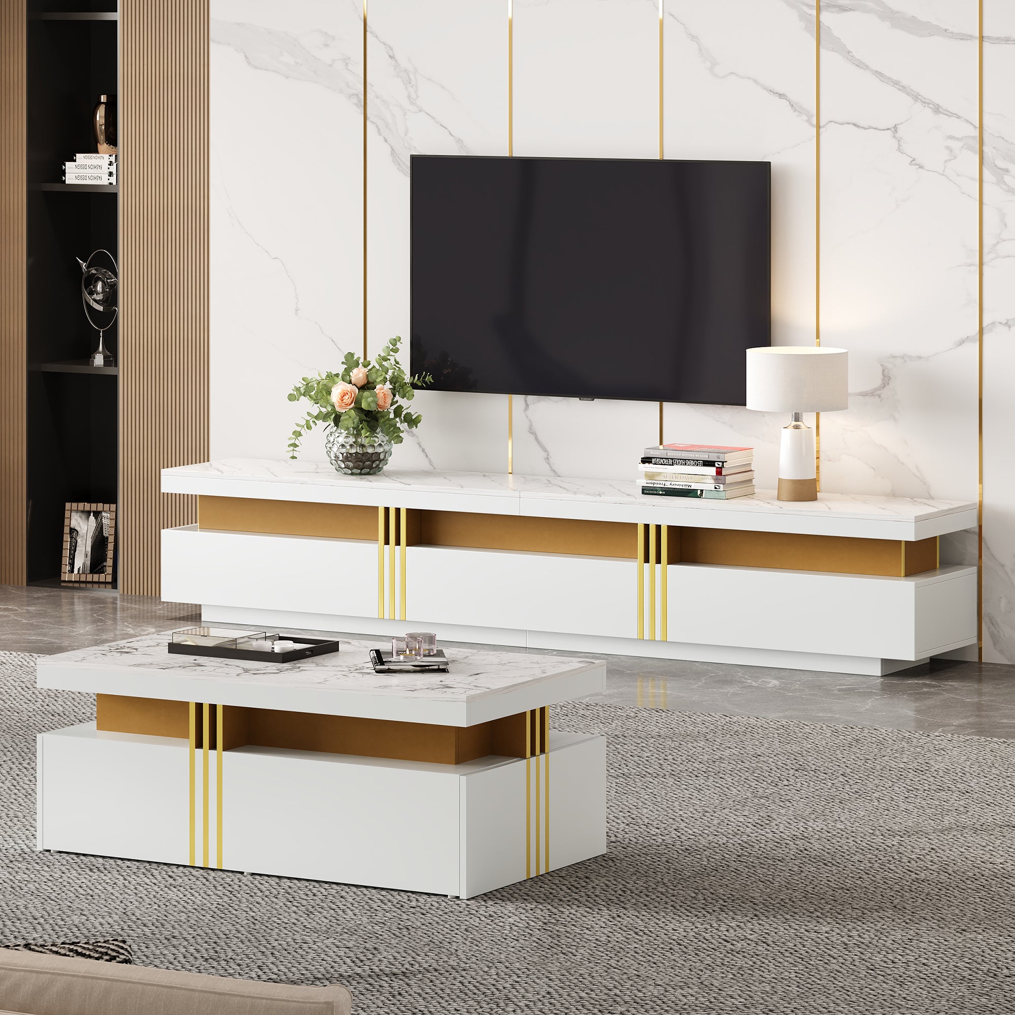 TV Wall Cabinet Set with Coffee Table & TV Cabinet, White