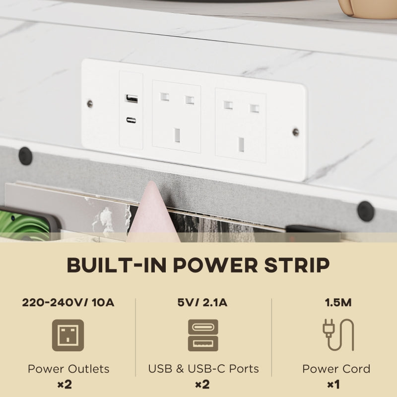 C-Shaped Bedside Table with Charging Station, Power Outlets, USB Ports & Storage, White Marble Grain