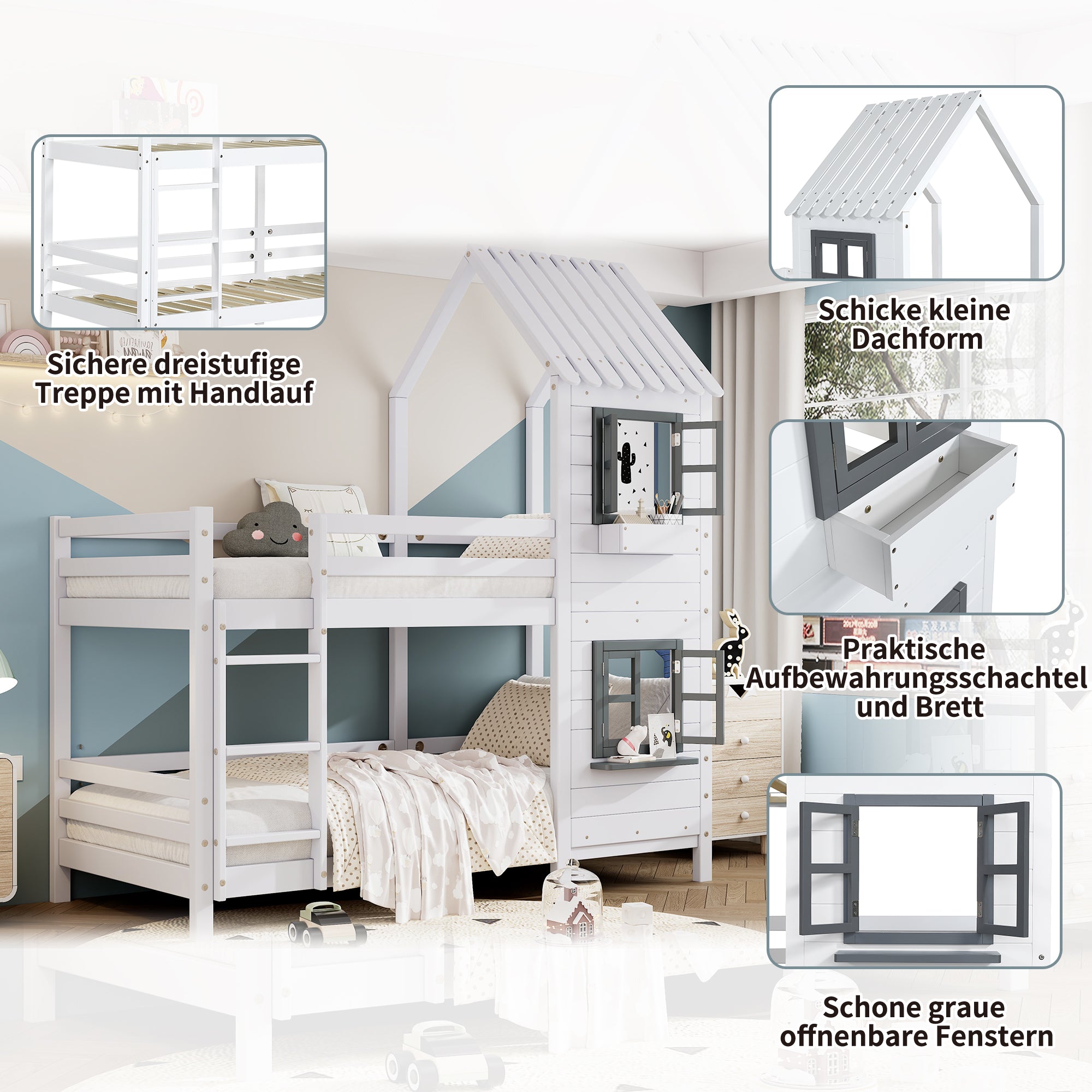 Bunk Bed, House Bed with Handrail & Window, Pine Frame, White