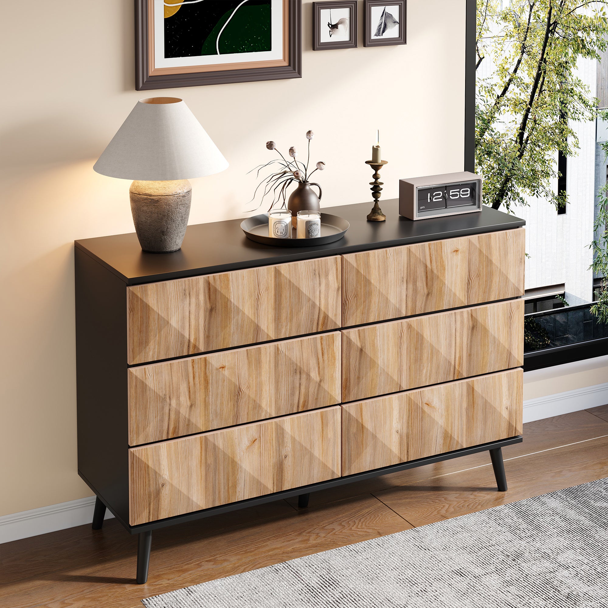 Sideboard and Chest of Drawers, Raised Doors, Black and Natural Wood