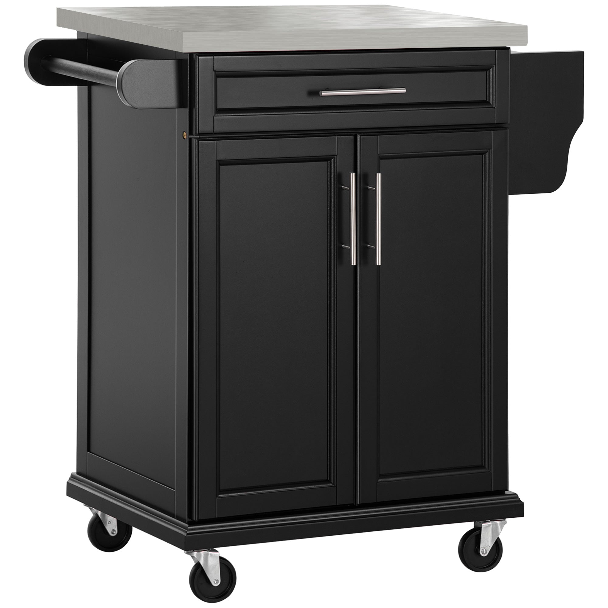 Wooden Kitchen Island on Wheels with Stainless Steel Top, Black