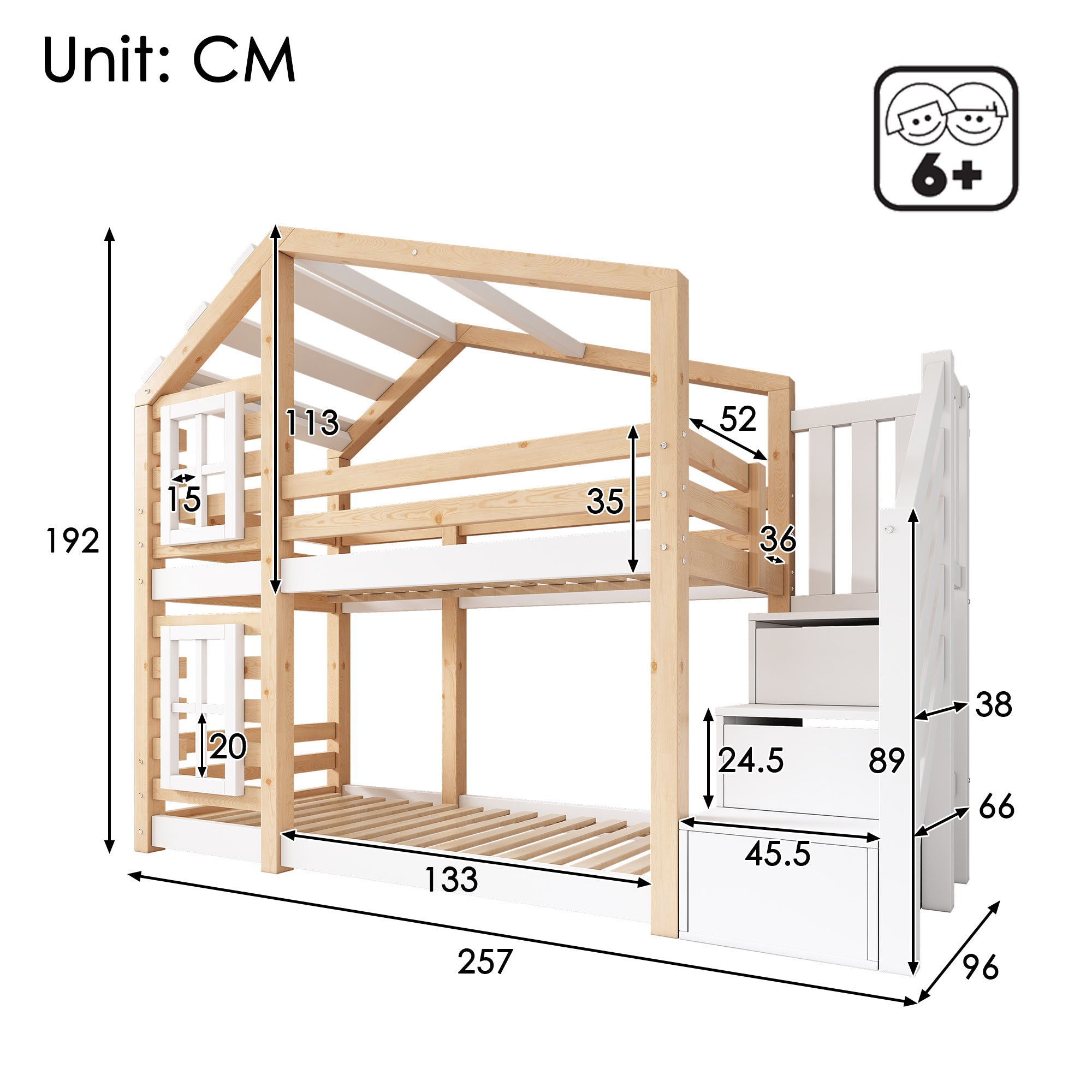 Children's Treehouse Bunk Bed 90x200cm Window Design Storage - Natural & White